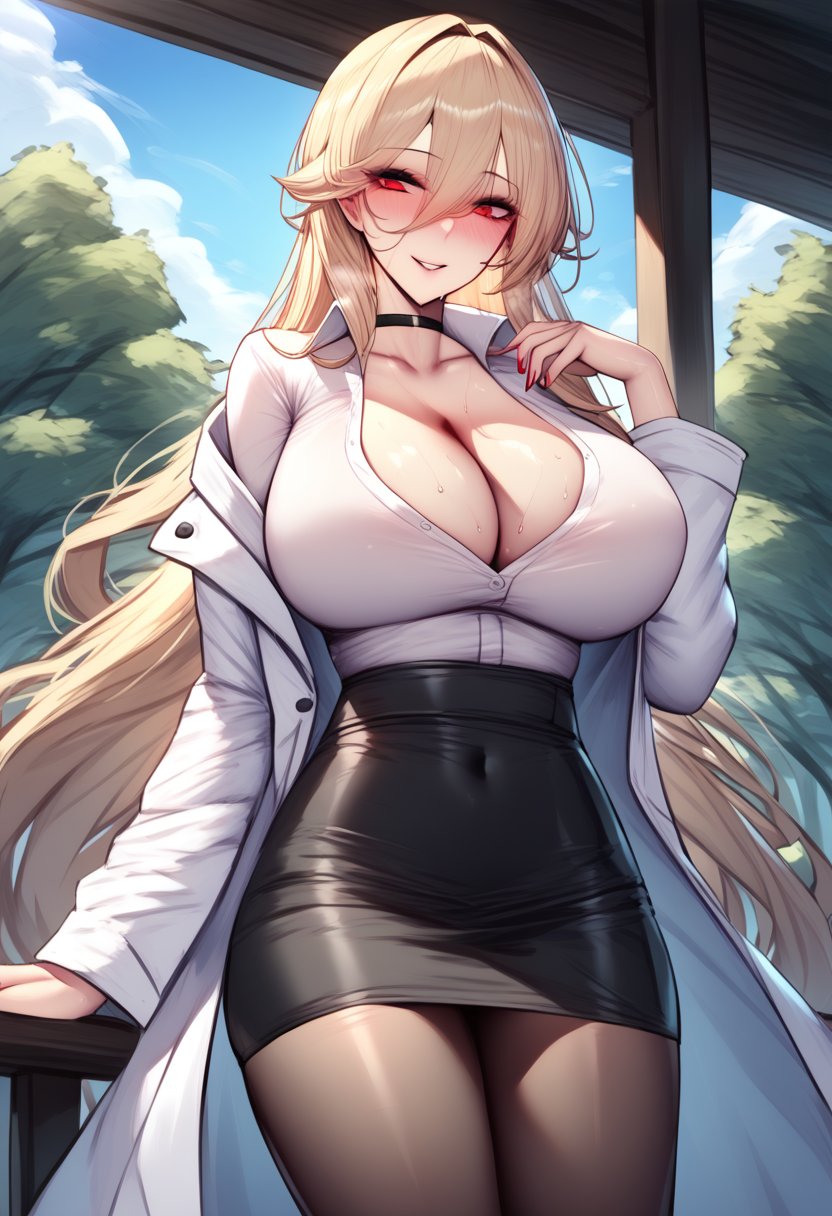 score_9, score_8_up, score_7_up, score_6_up, source_anime, <lora:VEY 0.1v:1>, 1girl, breasts, blonde hair, pantyhose, skirt, solo, red eyes, cleavage, choker, long hair, shirt, outdoors, covered navel, white shirt, pencil skirt, black skirt, looking at viewer, parted lips, smile, sky, long sleeves, bangs, black choker, day, high-waist skirt, blush, hair between eyes, labcoat, collarbone, huge breasts, black pantyhose, blue sky, collared shirt, shirt tucked in, sweat, open clothes, coat, tree, thighs, large breasts, cowboy shot, white coat, open coat, off shoulder, cloud, very long hair, nail polish, miniskirt, dress shirt, open shirt