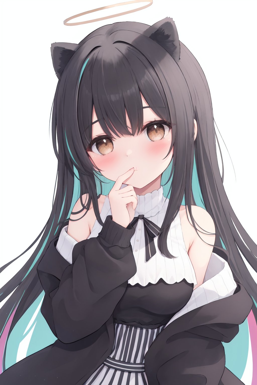 1girl, animal ears, solo, grey hair, long hair, white background, simple background, multicolored hair, halo, streaked hair, brown eyes, looking at viewer, dress, black hair, black dress, jacket, very long hair, long sleeves, striped dress, vertical-striped dress, off shoulder, white skirt, black jacket, bangs, striped, covering mouth, vertical stripes, blush, skirt