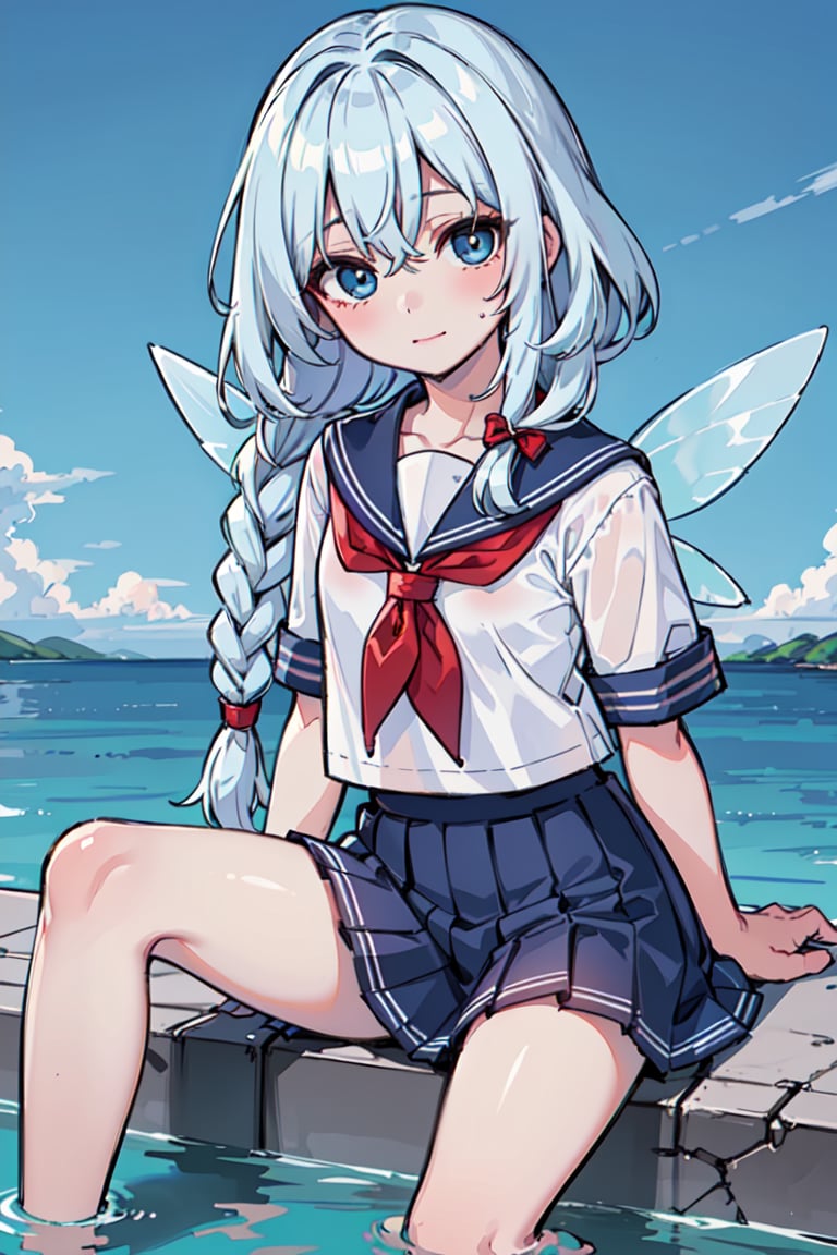 best quality, high resolution, distinct image, (sidelighting, finely detailed beautiful eyes: 1.2) (hair between eyes) (water girl) (frost) (pale skin:1.4) (water element) (soft) (forest) ((hair covering eye)) ((braids)) ((child)) ((sailor school outfit)) ((fairy))