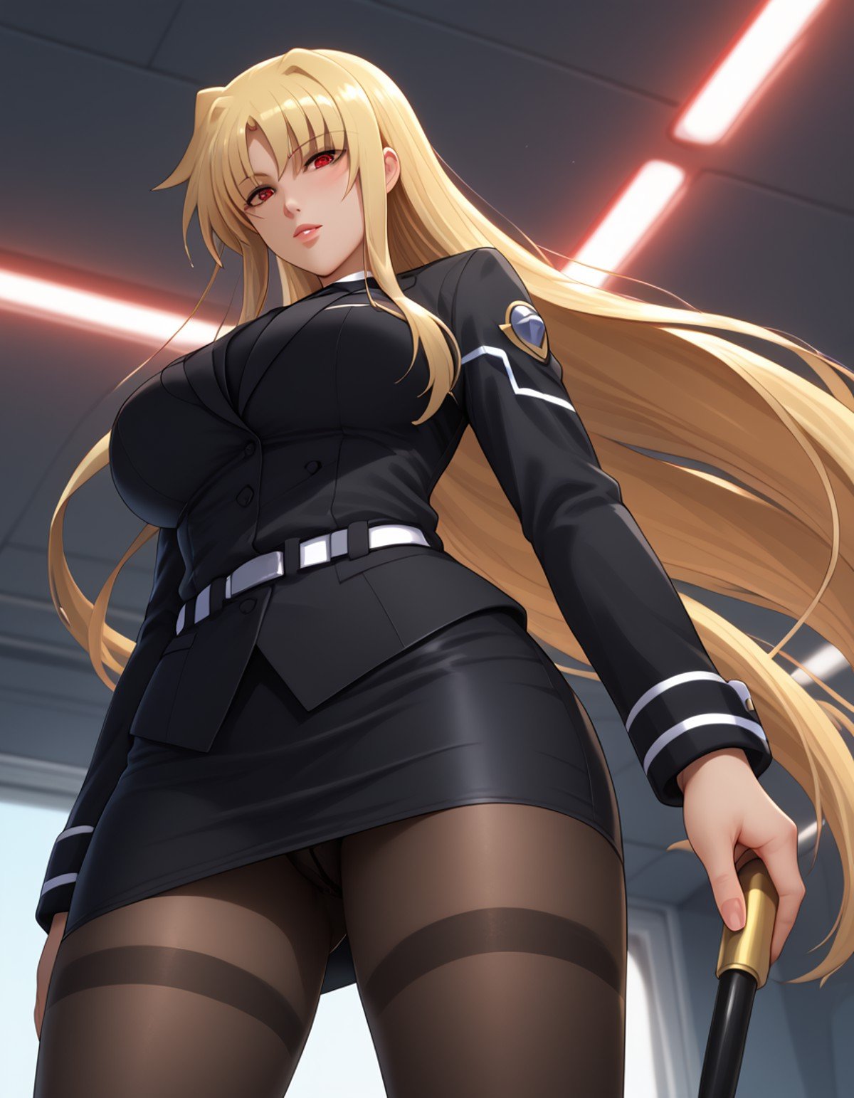 (((blackuniform:1.4))),score_9, score_8_up, score_7_up,fate testarossa,  <lora:[reizei]fate testarossa pony:1>,large breasts, black pantyhose,red eyes, standing, cowboy shot, from below, panty peek, 