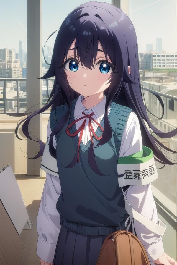 shizukayoshimoto, <lora:shizuka yoshimoto s1-lora-nochekaiser:1>,shizuka yoshimoto, long hair, bangs, blue eyes, black hair, hair between eyes, wavy hair,BREAK skirt, shirt, ribbon, school uniform, white shirt, pleated skirt, red ribbon, neck ribbon, armband, sweater vest,BREAK indoors, classroom,BREAK looking at viewer, (cowboy shot:1.5),BREAK <lyco:GoodHands-beta2:1>, (masterpiece:1.2), best quality, high resolution, unity 8k wallpaper, (illustration:0.8), (beautiful detailed eyes:1.6), extremely detailed face, perfect lighting, extremely detailed CG, (perfect hands, perfect anatomy),