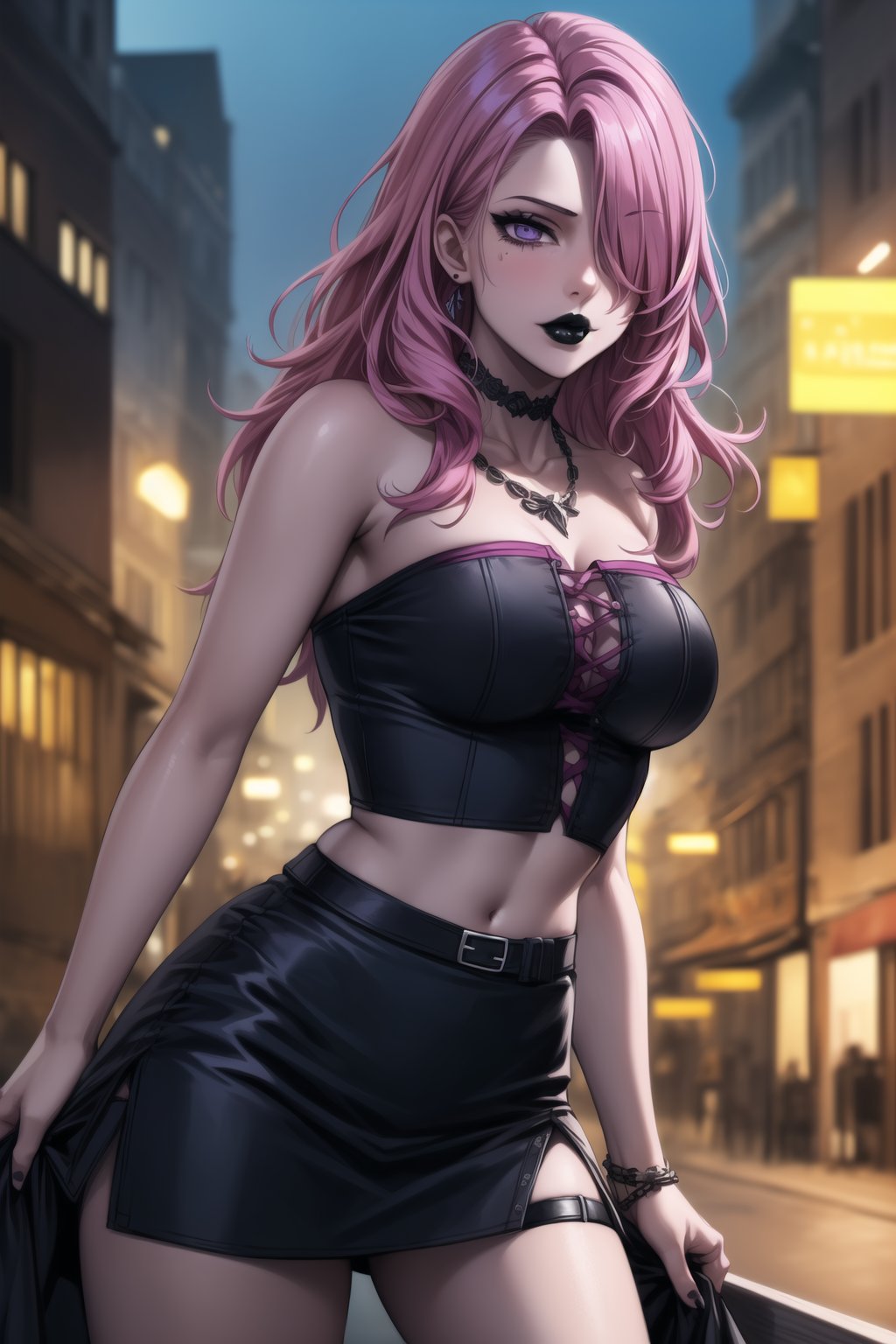 ((best quality)), ((highly detailed)), masterpiece, ((official art)), detailed face, beautiful face, (detailed eyes, deep eyes), seductive posing, (cowboy shot),Vanessa, purple eyes,, (sexy:1.3), (long straight pink hair, dark pink hair, long straight hair, hair covering one eye:1.5), long straight hair:1.3,(makeup, black lips:1.3),(  pale white skin, very white skin, goth, long eyelashes, medium to big breasts, black necklace, black fishnet shirt, black tube top, black fishnet shirt over black tube top, black skirt, city street, nighttime)), intricately detailed, hyperdetailed, blurry background, depth of field, best quality, masterpiece, intricate details, tonemapping, sharp focus, hyper detailed, trending on Artstation, 1 girl, high res, official art, ,secre,Vanessa,black lips<lora:EMS-93-EMS:0.600000>, <lora:EMS-31593-EMS:0.200000>, <lora:EMS-28161-EMS:0.300000>, <lora:EMS-401523-EMS:0.800000>, <lora:EMS-263815-EMS:0.500000>