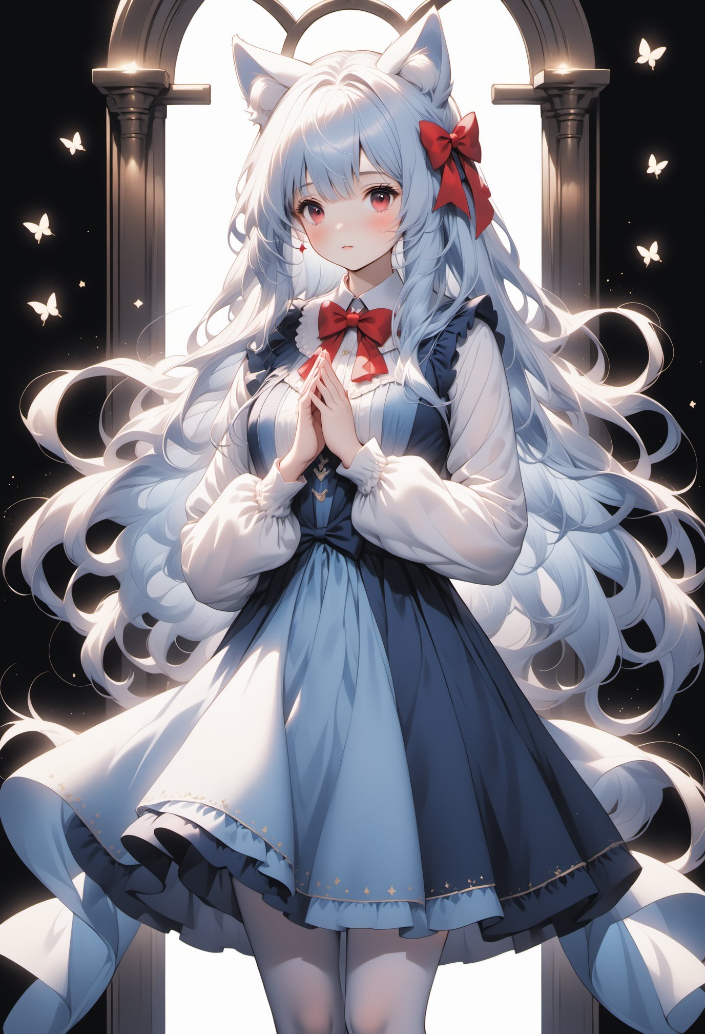 1girl, multiple colored hairs,hair,lovely,cute,whole bodyblue bow,animal ears, red eyes, long hair, very long hair, long sleeves, solo, bow, hair between eyes, bangs,dress, legwear,white hair,chest,pray