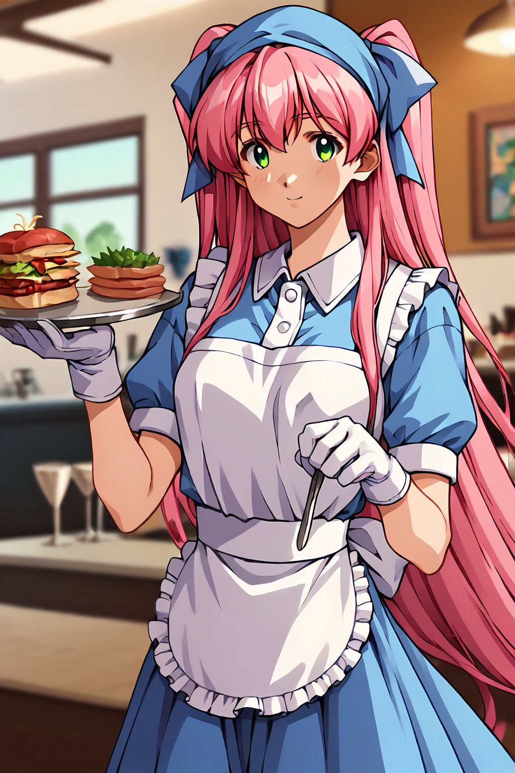 score_9, score_8_up, score_7_up, score_6_up, score_5_up, score_4_up, source_animesaeki kanako, 1girl, pink hair, green eyes, very long hair, two side-up, hair ribbon, blue ribbon, solo, smile, apron, blue shirt, blue skirt, frilled apron, frills, gloves, head scarf, shirt, short sleeves, skirt, uniform, waist apron, waitress, white apron, white gloves, food, tray, food tray, indoors, restaurant, looking at viewer, dutch angle, cowboy shot,masterpiece, perfect face, best quality, beautiful girl, blurry background, cute girl, beautiful eyes, shiny eyes, anime coloring, anime screencap, absurdres,  <lora:saeki kanako anyt 905:0.8>