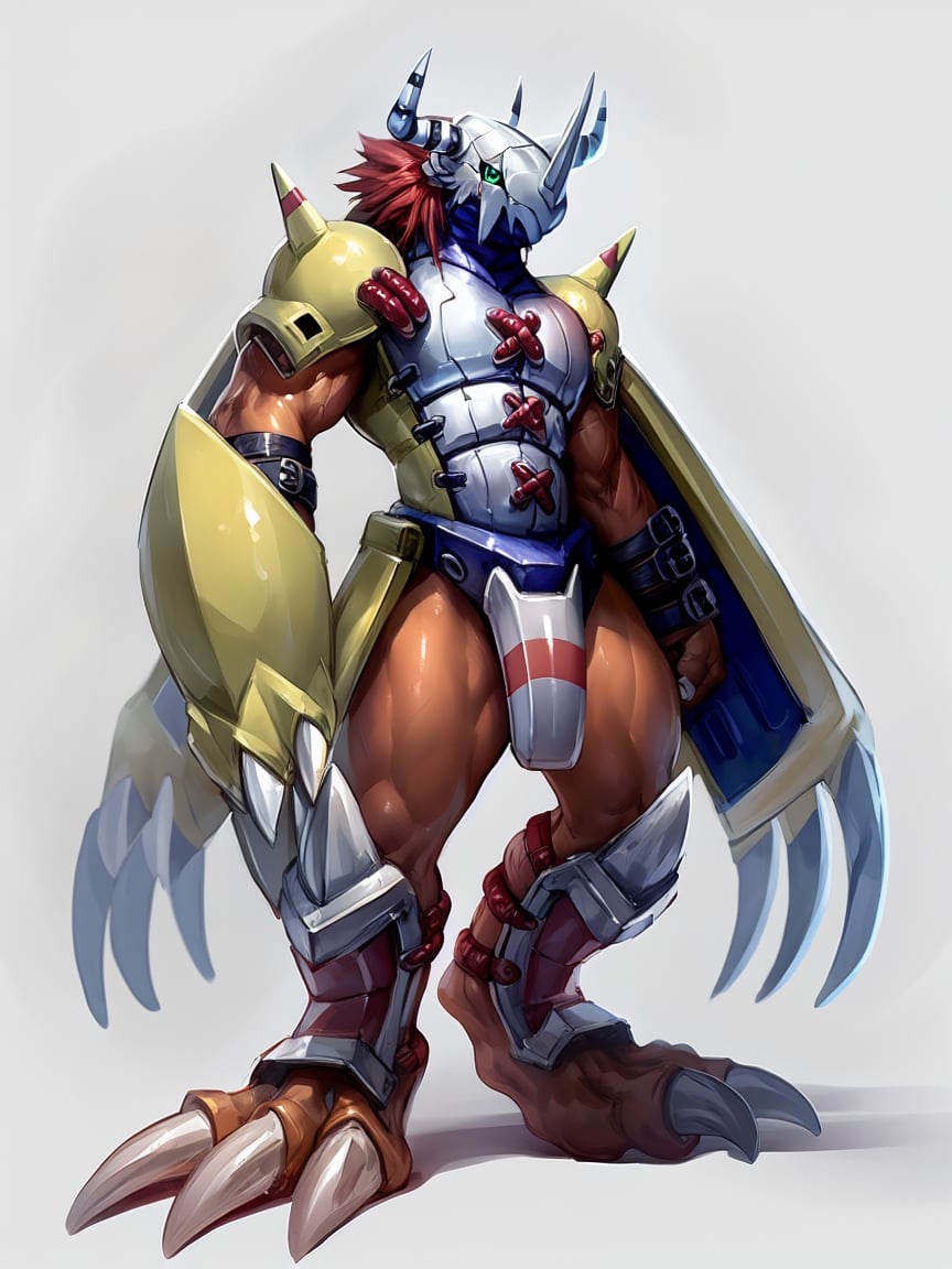 Wargreymon, bandai namco, digimon, digimon (species), solo, armor, anthro, scalie, claws, horn, male, hi res, simple background, white background, by lindong <lora:Wargreymon_mix_v1_12ep:1>