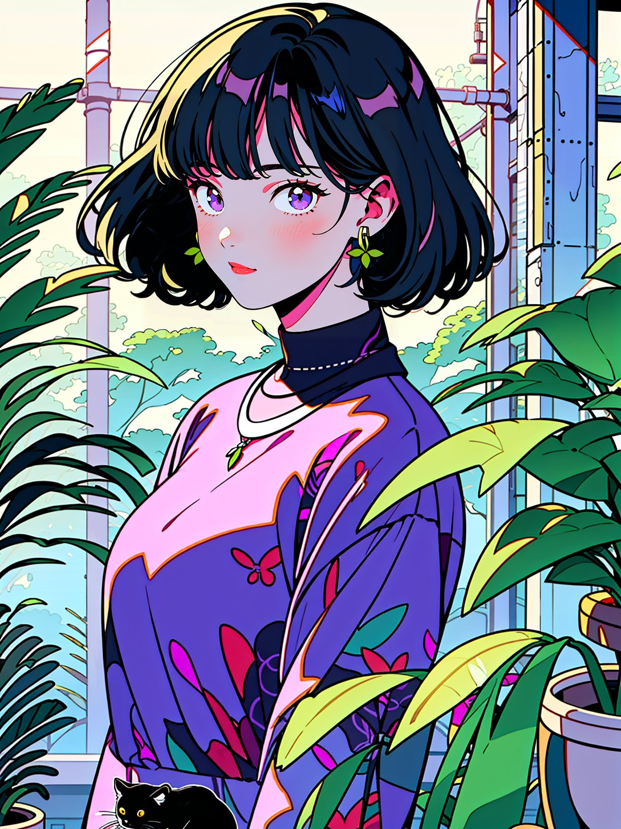 HTTP, 1girl, black hair, jewelry, purple eyes, earrings, cat, short hair, black cat, looking at viewer, solo, leaf, plant, purple shirt, necklace, shirt, bangs, purple background<lora:HTTP_20231211123040-000008:1>