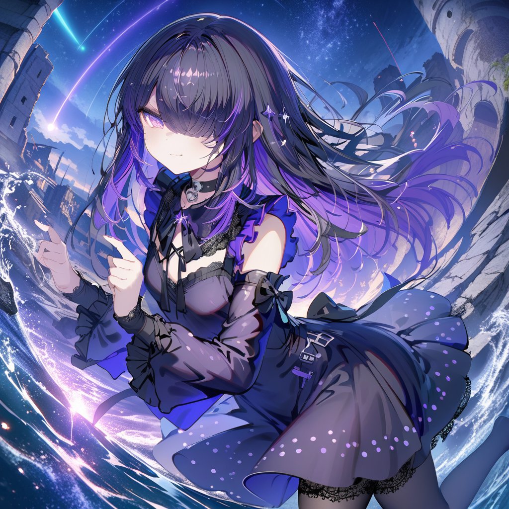 Noyu,sketch,starry sky,shooting star,ruins,water,1girl,(solo),Long hair,black hair,purple gradient hair,purple eyes,blunt bangs,hair over one eye,glowing eyes,small breasts,gothic,lace_trim,long sleeves,frilled shirt,skirt,choker,detached_sleeve,black pantyhose,(half-closed eyes),smug,close-up,upper body,looking back,masterpiece,bestquality,onnk,line art,line style,0,