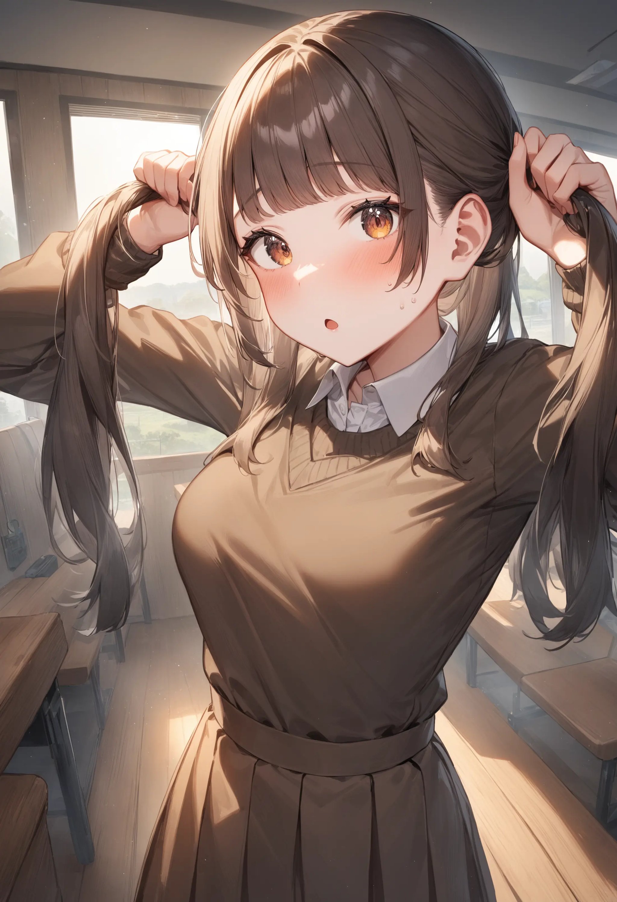 1girl, <lora:sdxl2-flat2-512b:-1>,medium breasts,school uniform,bunching hair,<lora:bunchinghair_XL_v1:0.8>from behind, fisheye lens, looking ahead, expressionless, rural stations, open mouth,masterpiece, best quality, very aesthetic, absurdres