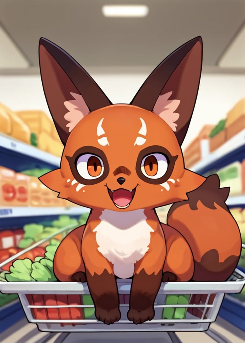 (by Kemokin Mania, by Sususuigi, by Youjomodoki), (quadruped feral chibi), (nickit:1.3), (happy, open mouth, looking at viewer), BREAK, foreground, supermarket, vegetable, sitting in trolley, inside, plant, detailed background, depth of field, ambient silhouette, masterpiece, best quality, light, 4k, 2k, photography