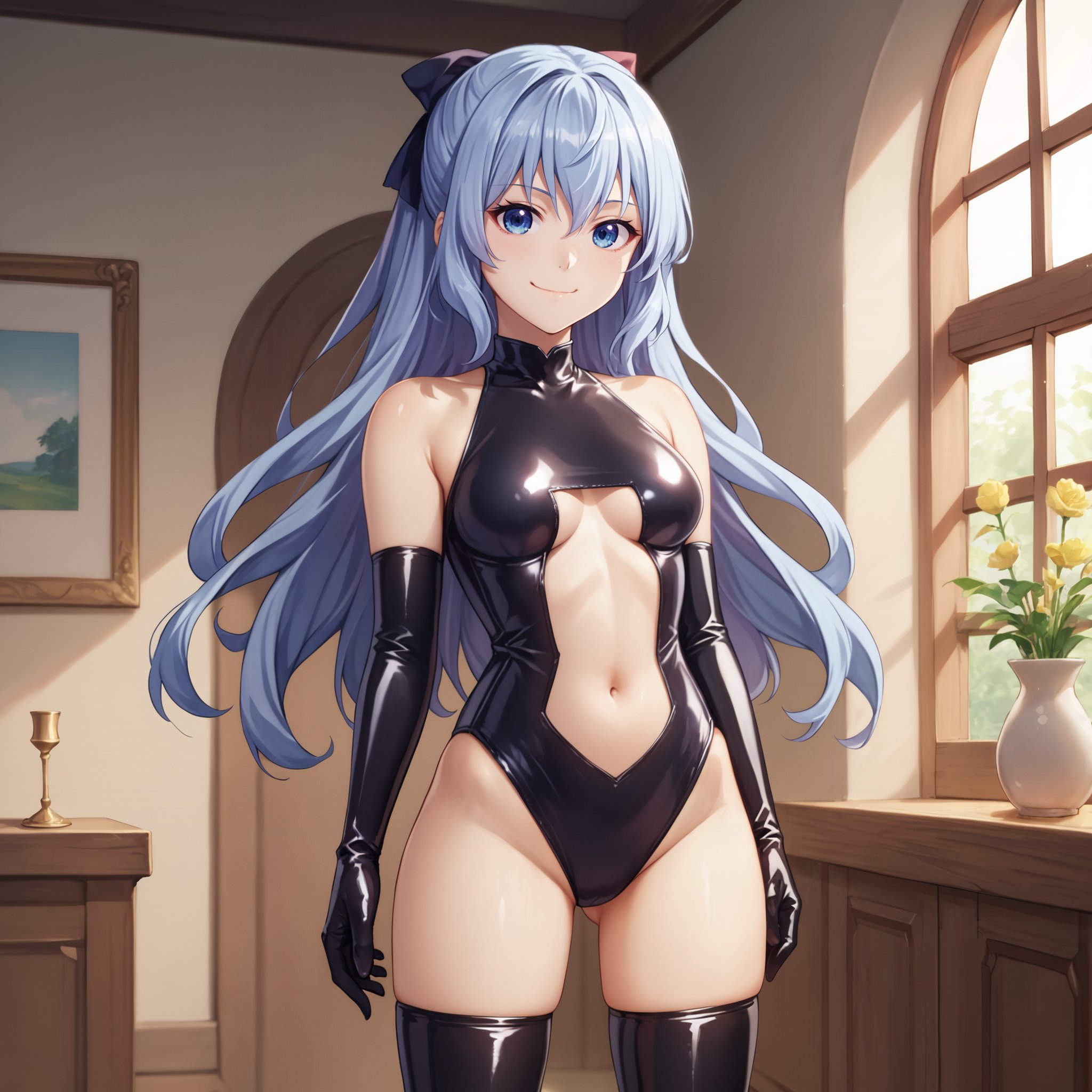 score_9, score_8_up, score_7_up, source_anime,sgliselotte, hair bow, 1girl, evil smile, medium breasts,  closed mouth, latex princess, stomach cutout, bare shoulders,solo, cowboy shot, standing, indoors,  <lora:latex-princess3-005:0.8>  <lora:liselotte-ponyxl-1-000007:0.6>