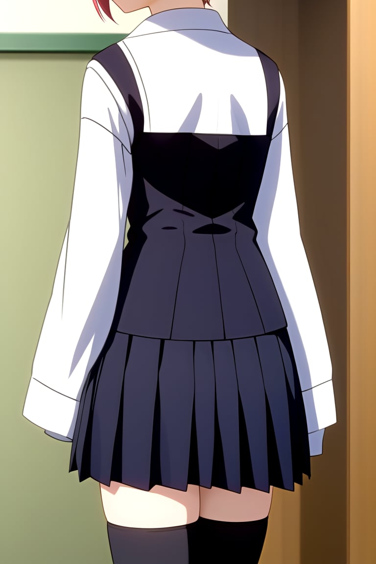 Highly detailed, High Quality, masterpiece, beautiful, 1girl, solo, school uniform, ((shirt, shirt sleeves:1.8)), long sleeves, white sleeves, arms at sides, (black vest, vest), pleated skirt, (black skirt, waist-length skirt:1.3), thighhighs, black thighhighs, zettai ryouiki, front_view.<lora:EMS-419248-EMS:1.000000>