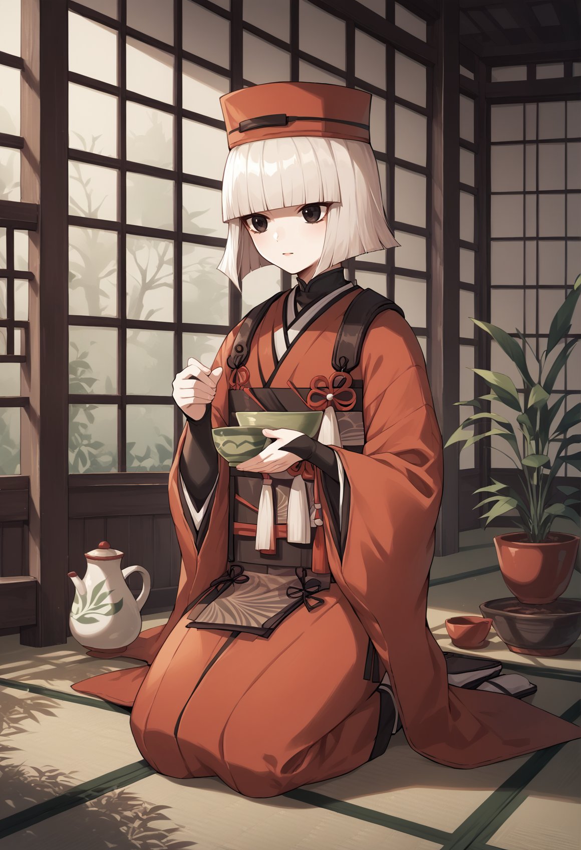 1girl, pale skin, short hair, grey hair, black eyes, bob cut, japanese clothes, kimono, red kimono, sash, long sleeves, wide sleeves, bridal gauntlets, hat, kneeling, tea ceremony, indoors, japanese house <lora:SenHime:1>, score_9, score_8_up, score_7_up, score_6_up, score_5_up, score_4_up, BREAK source_anime, masterpiece