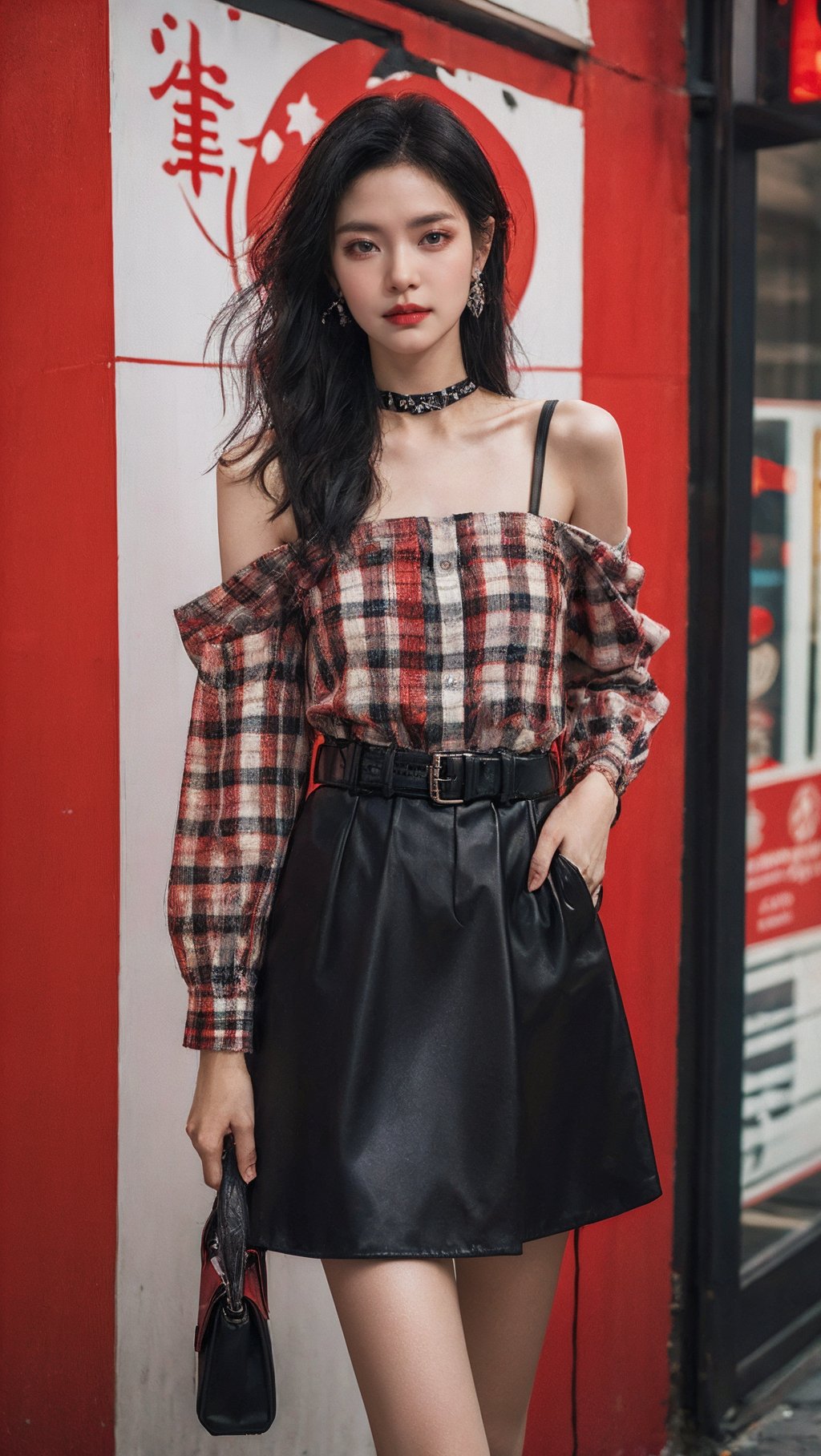 sdmai, pop art, 1girl, solo, skirt, looking at viewer, long hair, belt, holding, shirt, jewelry, realistic, bag, black skirt, standing, plaid shirt, bare shoulders, earrings, choker, black hair <lora:SDMAI波普艺术风格摄影pop art:0.8>