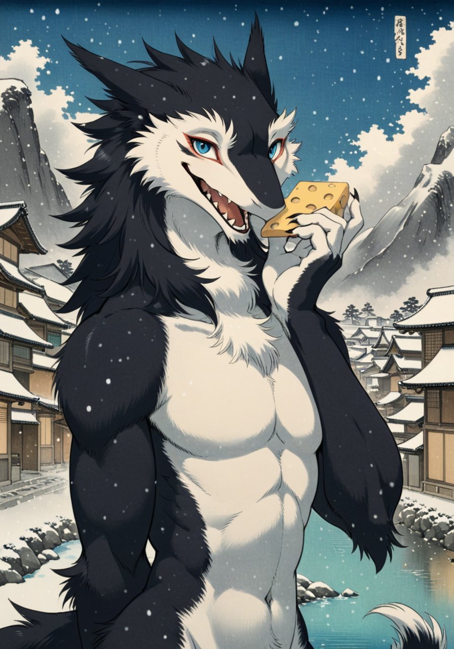 male athletic anthro sergal, neck tuft, white body, black fur, open mouth, three-quarter portrait, looking at viewer, hand on face, holding cheese, BREAK, (by Utagawa Hiroshige, by Kawanabe Kyosai, by Katsushika Hokusai:1.25), snowing, town, cloud, mountains, foggy, water, japaness signature