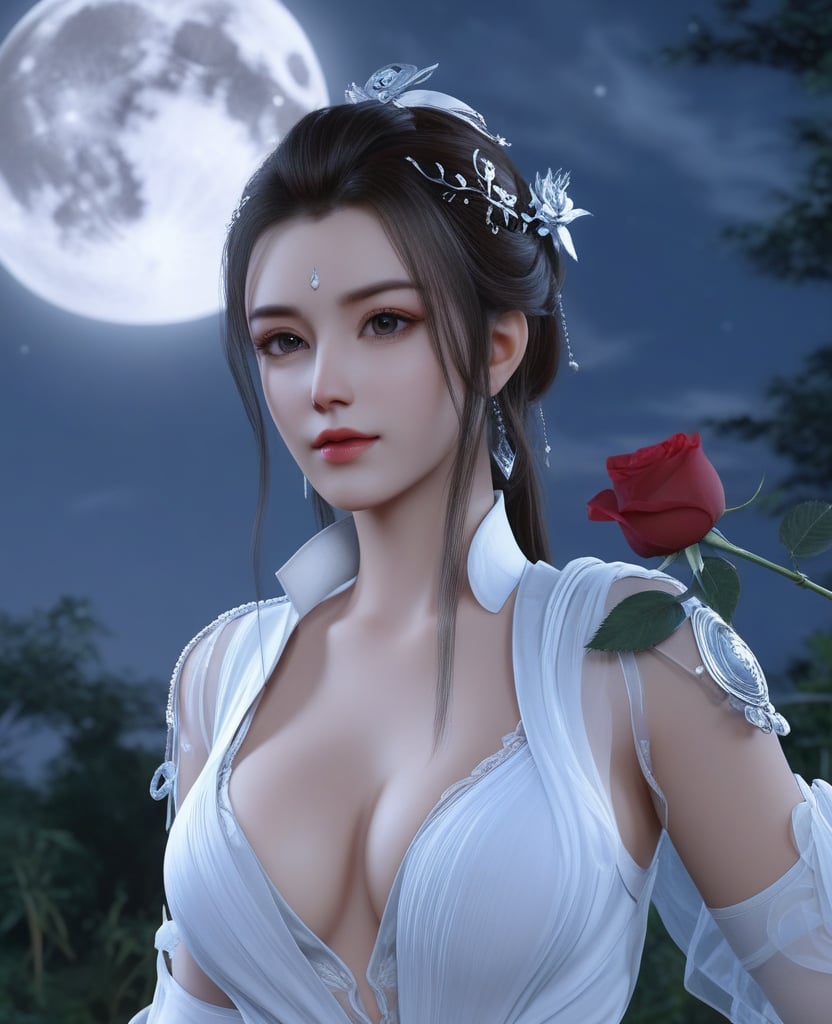 <lora:612-DA-XL-少年白马醉春风-玥瑶:0.8>(,1girl, ,best quality, ),looking at viewer,masterpiece, (( , )),, realistic,science fiction,mole, ultra realistic 8k cg, full moon,  rose,(cleavage), (),