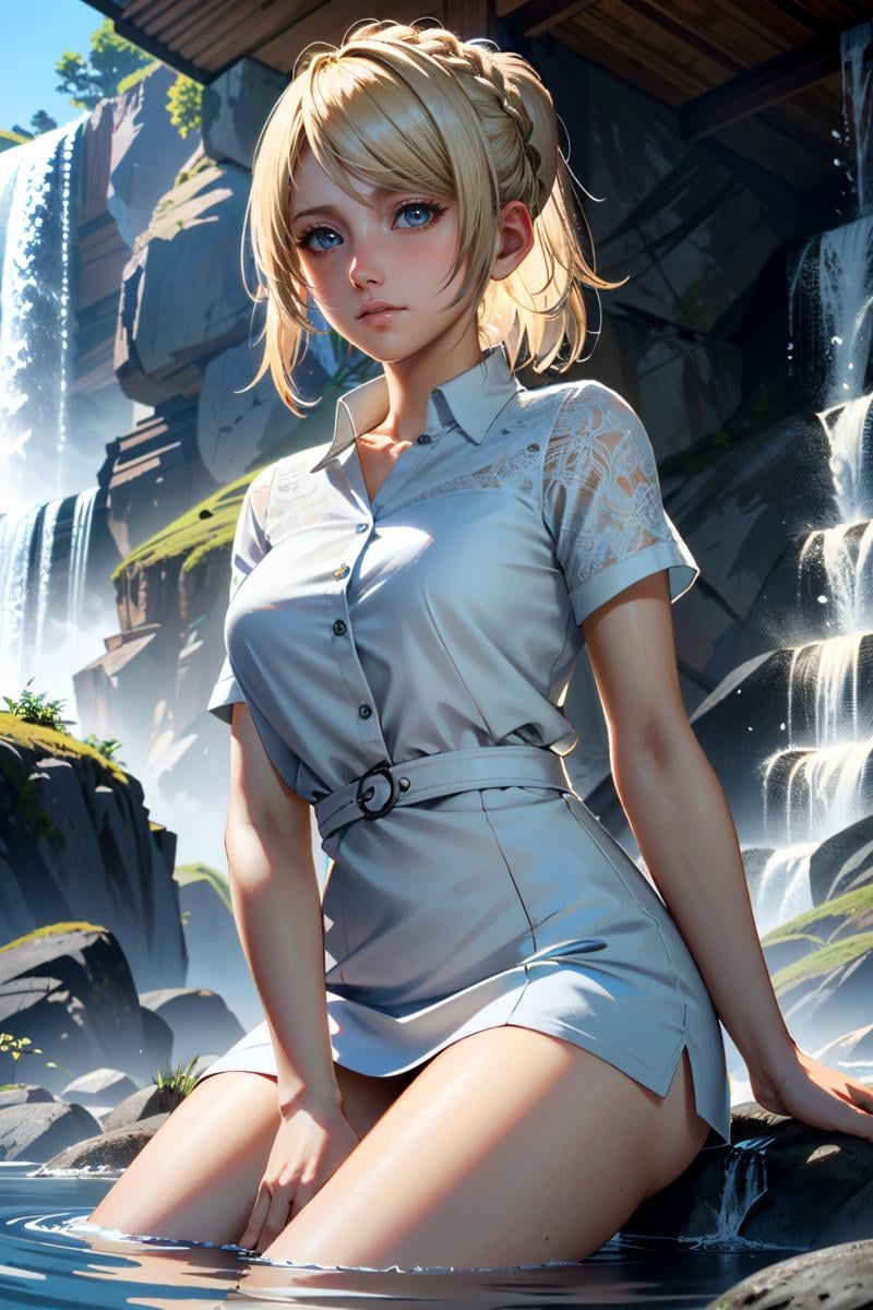 ((ultra detailed, masterpiece, absurdres)) <lora:FFLuna:0.8>FFLuna, 1girl, blonde hair, looking at viewer, in front of hidden mountain waterfall, morning, secluded and refreshing with soft morning light on cascading water