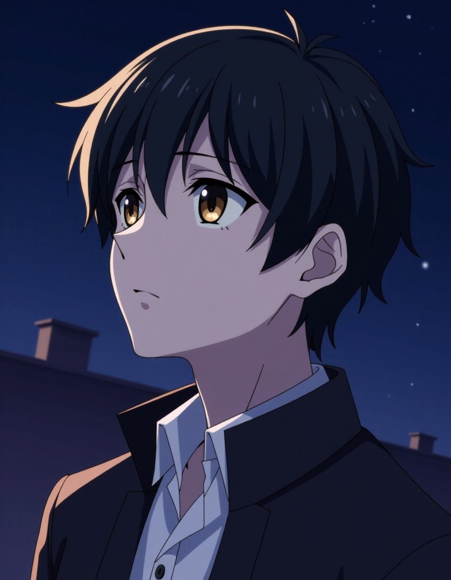 <lora:animestyle_r1:1>finetuneanime, 1boy, male focus, black hair, solo, closed mouth, short hair, anime coloring, bangs, jacket, school uniform, portrait,night, 