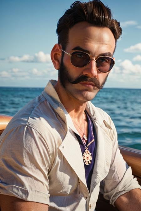 score_9, score_8_up, score_7_up, score_6_up<lora:ACStarrick:1.0>ACStarrick, 1boy, brown hair, beard, looking at viewer, posing on a luxury yacht, wearing a crisp white shirt and sunglasses, blue ocean all around, sun-kissed skin, relaxed yet sophisticated vibe