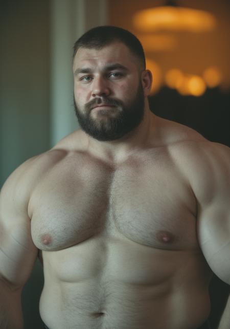 Highly detailed, [Portrait-photojournalism], GS-Masculine, (A 250lbs russianbodybuilder:hairymusclebear), Black hair, fuzzy eye brows, [[blue-eyes, pupils]], round face, [subble]+goatee, Stocky:burly, muscle_bear. skin pores, imperfect skin. Russian military extremist, (KGB Special ops), ussr, staligrad, Ambient light, Bloom, Canon EOS R6, Nokton 70mm f1.1, [Strong shapes composition], Cinestill 800T, Vignette, award winning quality