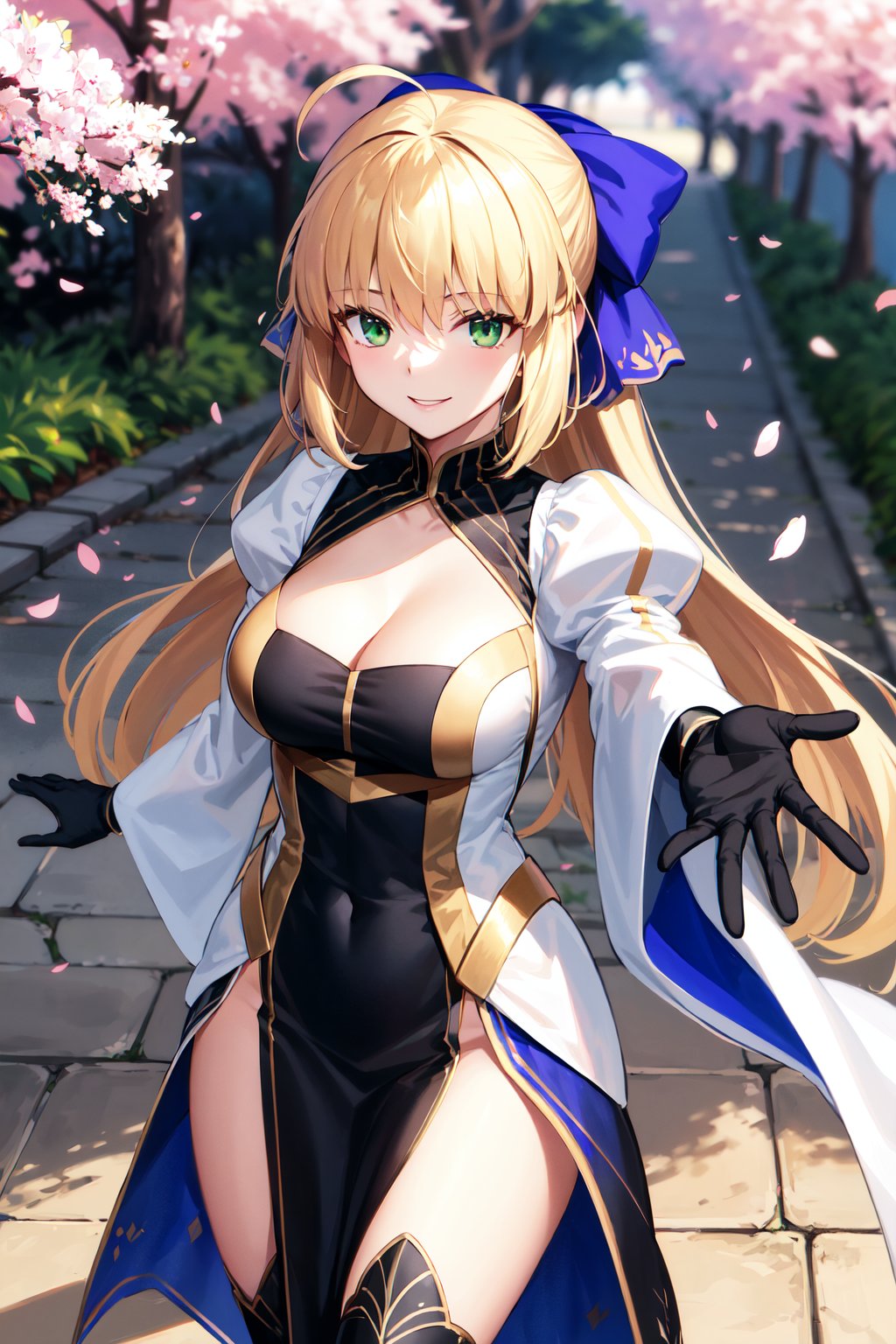 masterpiece, best quality, highres, cccaster, long hair, ahoge, hair bow, green eyes, cleavage, dress, puffy sleeves, long sleeves, black gloves, pelvic curtain, black thighhighs, <lora:artoria_caster_(caster)_v1:0.7>, cherry blossoms, outdoors, cowboy shot, standing, smile, outstretched arms,