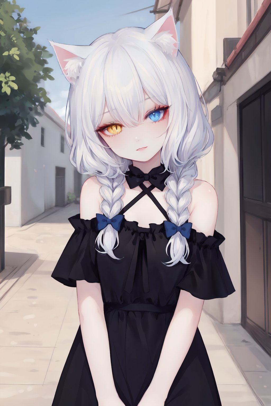 solo,long hair,heterochromia,1girl,blue eyes,braid,bare shoulders,yellow eyes,black dress,bow,looking at viewer,bangs,hair bow,black bow,white hair,off-shoulder dress,off shoulder,head tilt,single braid,hair between eyes,blue bow,short sleeves,halterneck,outdoors,criss-cross halter,hair over shoulder,she style,ths97f,65setutyh4,ae45ngol4,cat ears,