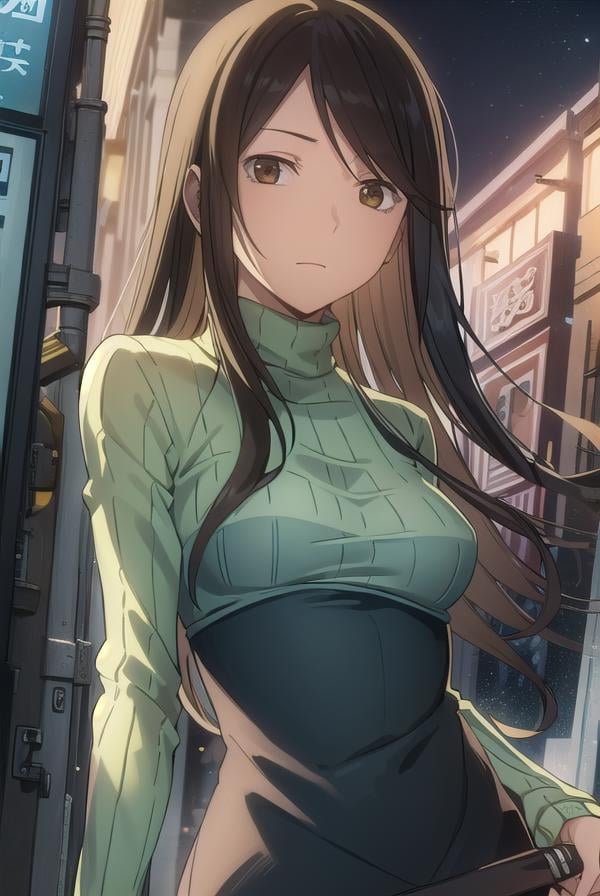 namieyagiri, <lora:namie yagiri s1-lora-nochekaiser:1>,namie yagiri, long hair, black hair, (brown eyes:1.3), (swept bangs:1.5),BREAK sweater, turtleneck, green sweater,BREAK outdoors, city, night, sky, starry sky, moon,BREAK looking at viewer, (cowboy shot:1.5),BREAK <lyco:GoodHands-beta2:1>, (masterpiece:1.2), best quality, high resolution, unity 8k wallpaper, (illustration:0.8), (beautiful detailed eyes:1.6), extremely detailed face, perfect lighting, extremely detailed CG, (perfect hands, perfect anatomy),