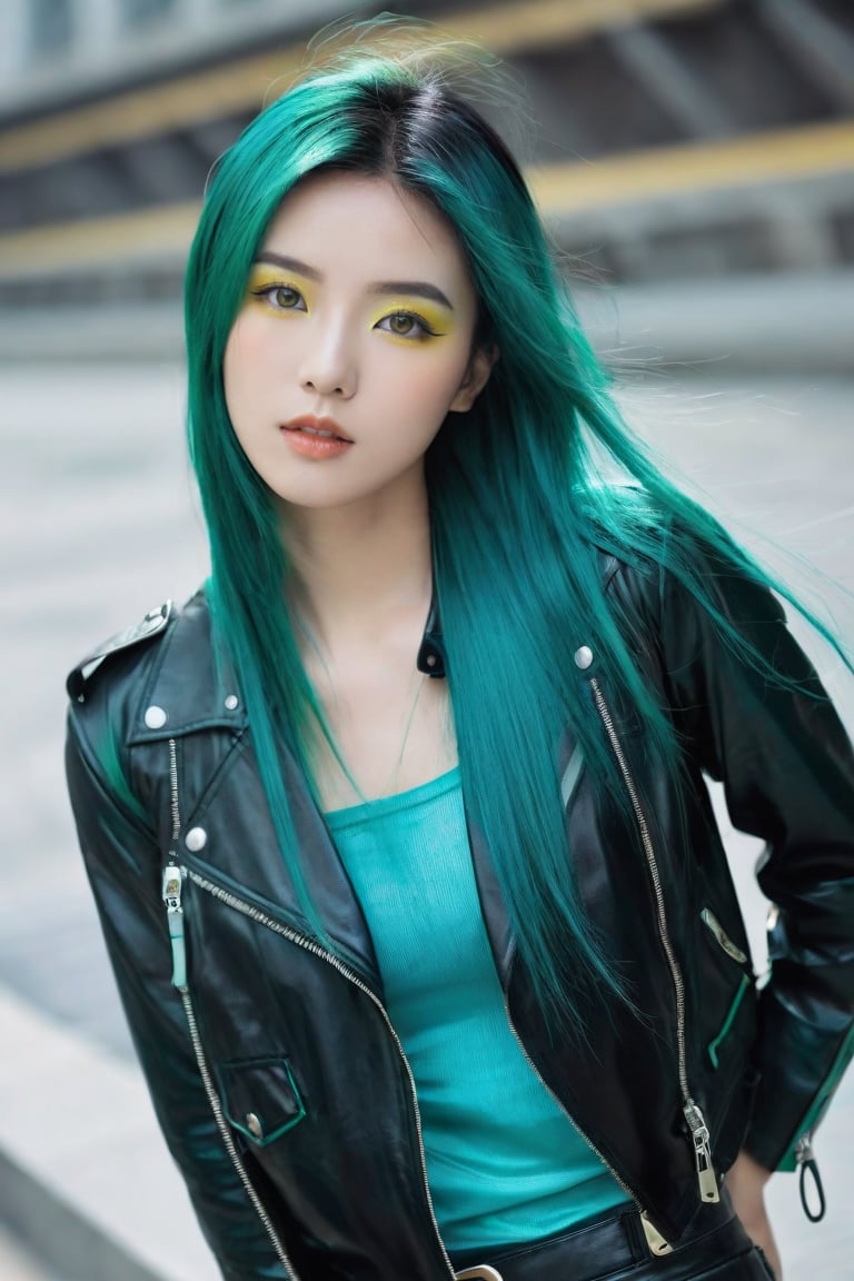 The image showcases an asian woman with long,straight green hair that cascades down her back. Her complexion is fair,and she has striking yellow-green eyes accentuated by subtle makeup. She wears a black leather jacket over a shimmering teal top. The overall ambiance of the photo exudes confidence and allure.,