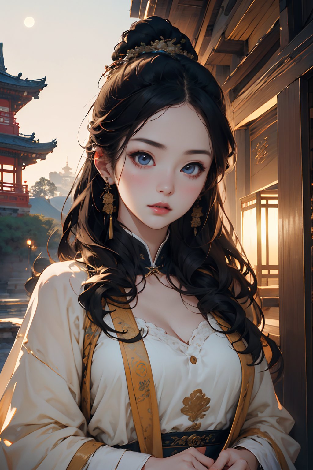 1girl,long hair,guofengZ,outdoors,moon,<lora:guofengZ-000008 (2):0.8>,, (high quality), best quality, (4k), 8k, super detailed, (full detail), (masterpiece), (realistic), super detailed,(Exquisite details) ,intricate,