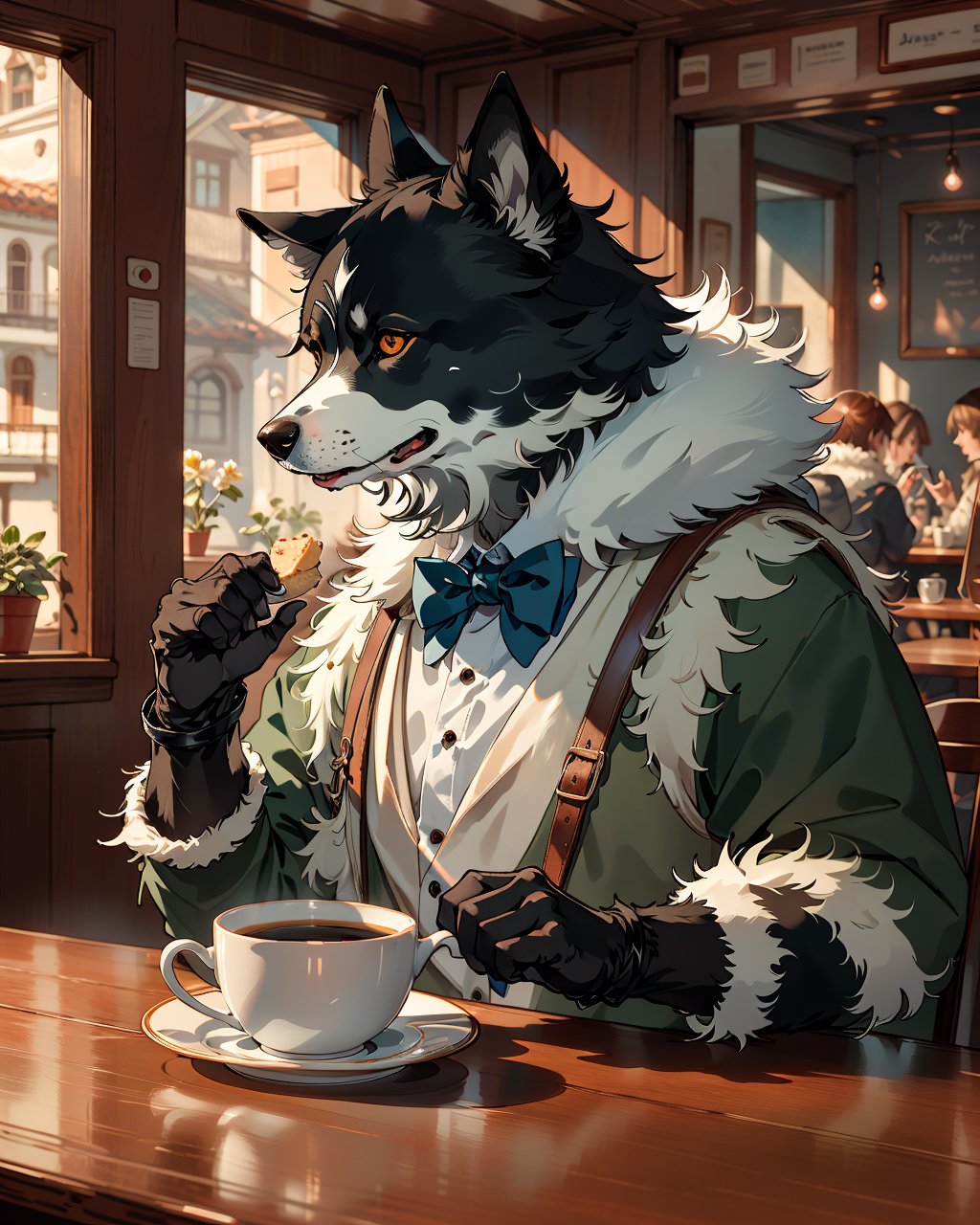 best quality,masterpiece,highly detailed,ultra-detailed, furrydog, shirt, at cafe afernoon tea,mug,fur gloves,food,bowtie, fur trim,  <lora:neg9V2_last:0.5>   <lora:furrytale:1>  