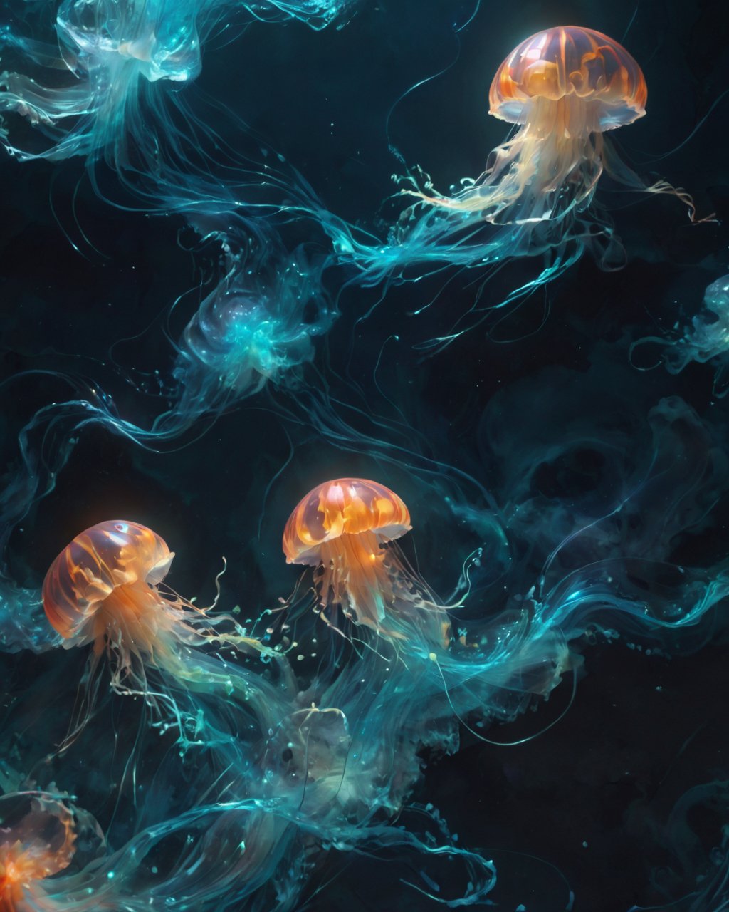 a 3d painting of jellyfish with colorful fish and clouds, in the style of dark and chaotic, light black and light aquamarine, animated gifs, site-specific works, gossamer fabrics, flickr, fluid and gestural <lora:sdxl_++:0.5> <lora:bioluminescent_dress-PD-1.0-full:1>