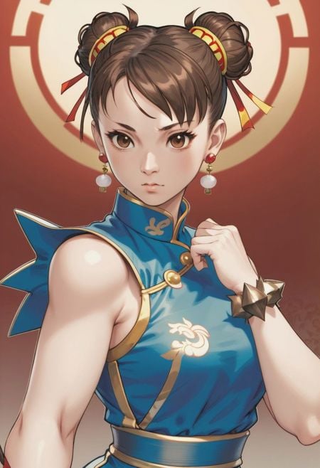 1girl, chun-li, solo, bun cover, jewelry, spikes, double bun, bracelet, spiked bracelet, hair bun, chinese clothes, earrings, china dress, dress, brown hair, short hair, brown eyes, traditional media, 