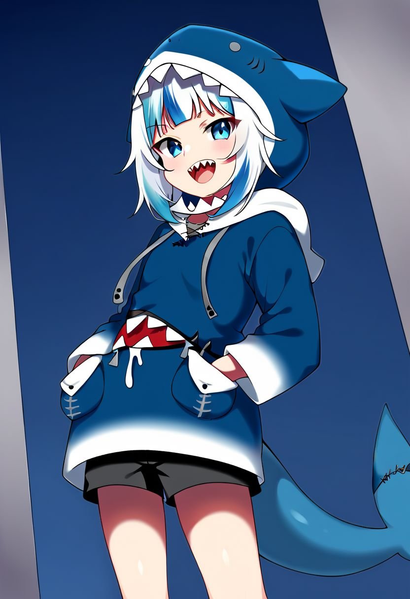 Gawr_Gura, 1girl, solo, blue_eyes, blue_hair, grey_hair, streaked_hair, medium_hair, blunt_bangs, shark_tail, shark_hair_ornament, sharp_teeth, blue_hoodie, hood, shark_hood, puffy_long_sleeves, black_shorts, pocket, hands_in_pockets, anime_coloring,