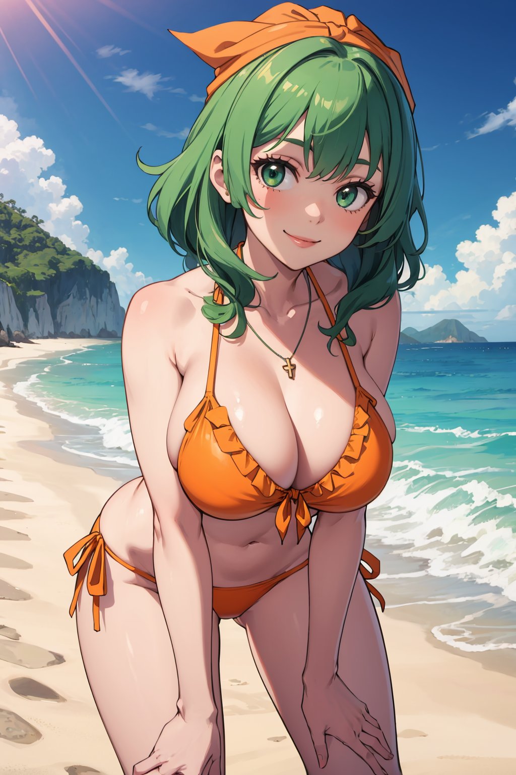 masterpiece, best quality, 1girl, green hair, huge breasts, orange bikini, bandana, frills, shiny skin, side-tie bikini bottom, seashell necklace, looking at viewer, smile, leaning forward, beach, sky, waves