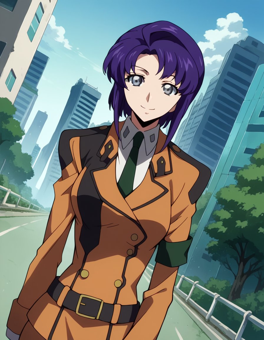 score_9, score_8_up, score_7_up, source_anime,cecilecroomy, <lora:cecile-croomy-s1-ponyxl-lora-nochekaiser:1>,cecile croomy, short hair, grey eyes, purple hair,necktie, belt, uniform, military, military uniform,outdoors, cityscape, smile,looking at viewer, dutch angle, cowboy shot, solo,