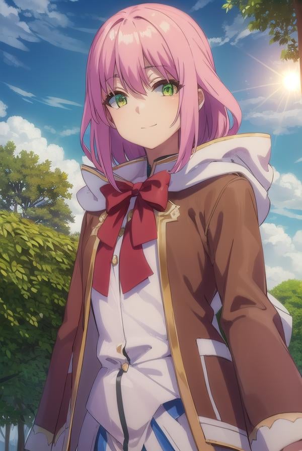 nornclatalissajioral, <lora:norn clatalissa jioral s1-lora-nochekaiser:1>,norn clatalissa jioral, long hair, hair between eyes, (green eyes:1.5), pink hair, smile,BREAK long sleeves, dress, bow, red bow, hood, robe, white robe,BREAK outdoors, forest, nature, grass, trees, sun, sky, clouds,BREAK looking at viewer, (cowboy shot:1.5),BREAK <lyco:GoodHands-beta2:1>, (masterpiece:1.2), best quality, high resolution, unity 8k wallpaper, (illustration:0.8), (beautiful detailed eyes:1.6), extremely detailed face, perfect lighting, extremely detailed CG, (perfect hands, perfect anatomy),