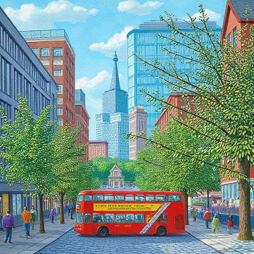 Create an image of a bustling urban landscape in the style of David Hockney. The scene should feature a busy street with a red double-decker bus as the focal point. Surrounding the bus, depict a mix of modern and traditional buildings with large glass windows reflecting the sky. The street is filled with pedestrians, some in motion and others standing still, creating a dynamic and lively atmosphere. Use bold colors and exaggerated perspectives to emphasize the vibrancy of city life.