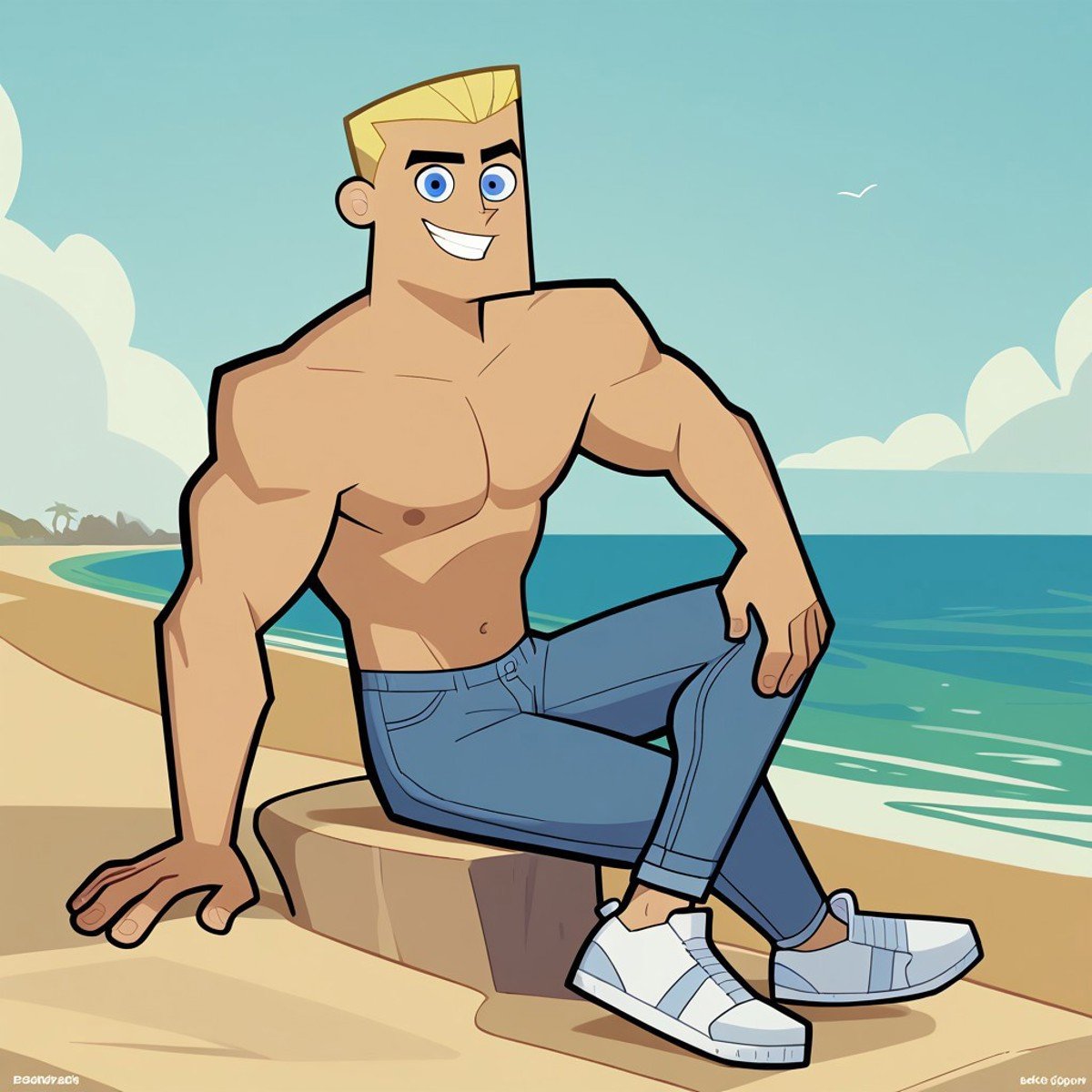 score_9, score_8_up, score_7_up BREAK dashdp, 1boy, blonde hair, blue eyes, shirtless, bellybutton, blue jeans, white shoes, smiling at viewer, full body, beach background, bulky body,