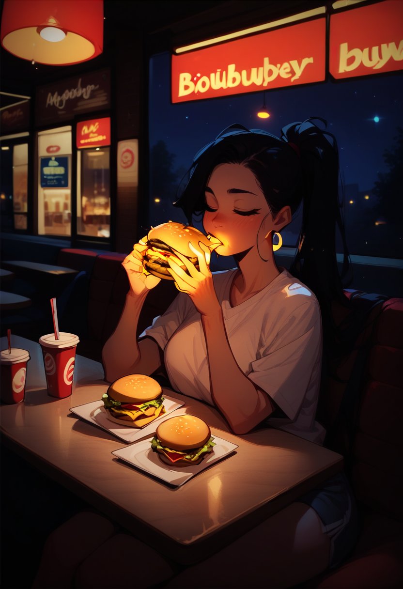 score_8_up, adult woman, small glowing burger, eating, yellow burger, restaurant, night  <lora:GlowingNoct:1>  