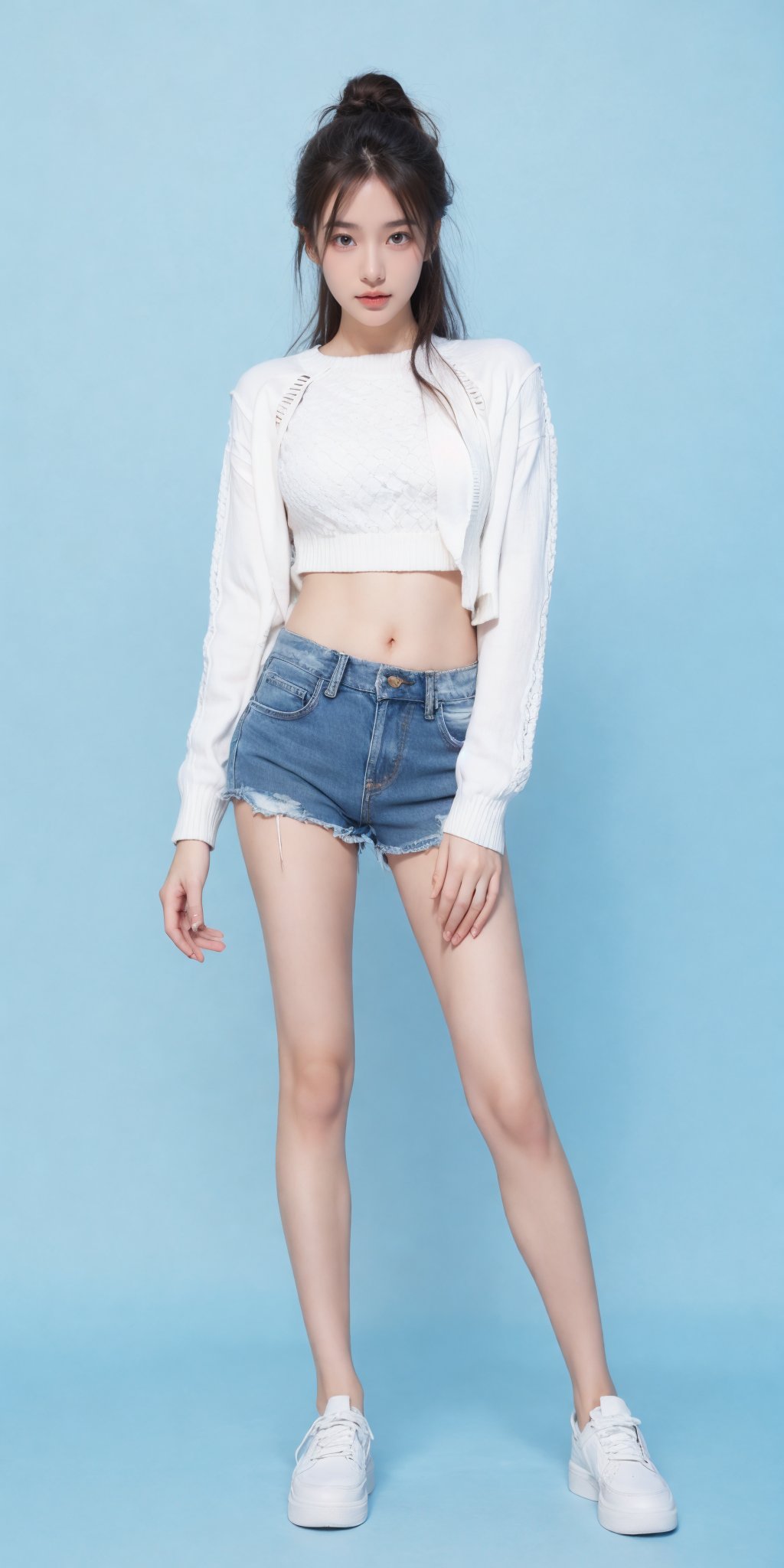 1girl,(standing:1.3),(denim_shorts:1.2),(blue background:1.3),(white sweater:1.2),white sneaker,long hair,