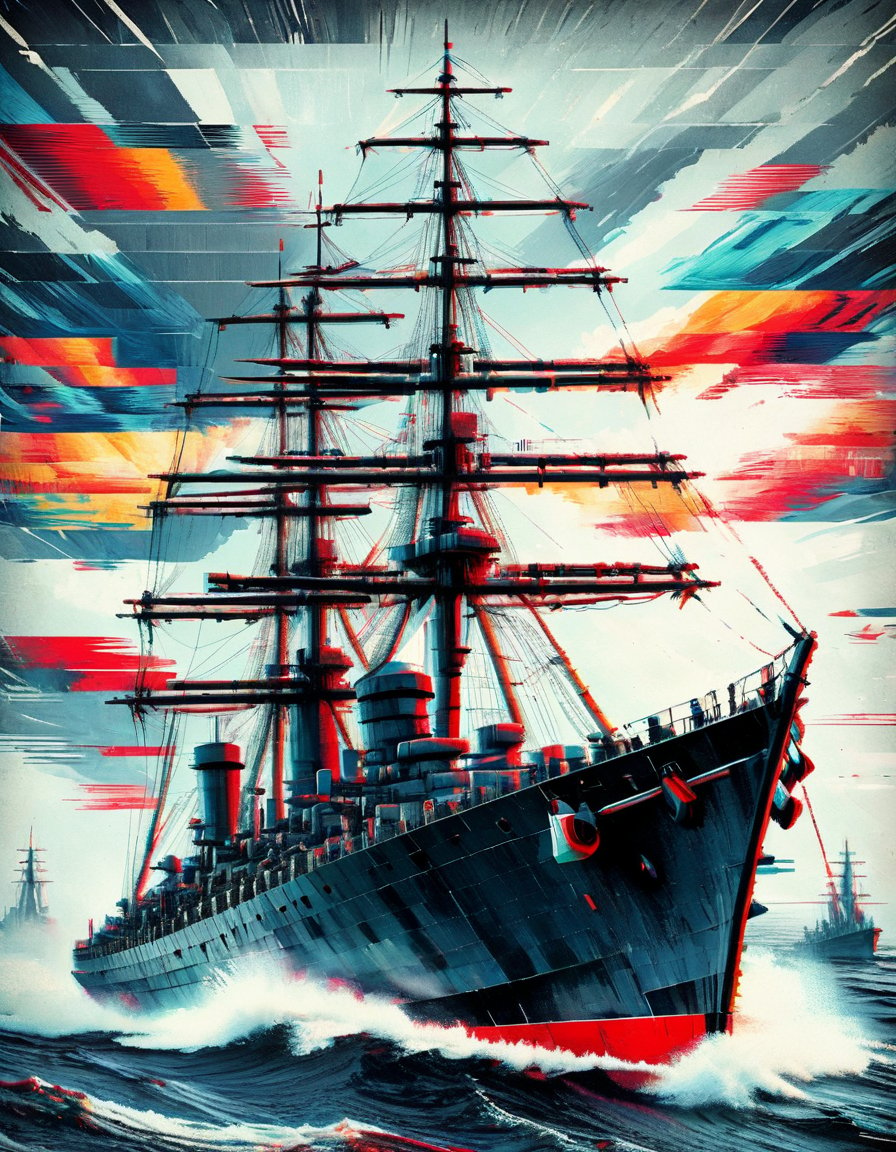 lino cut of cruiser battleship sailing, full of hidden details, realistic brushstrokes, meticulous brushstrokes, edited illustrations, extreme angles, historical accuracy, colorful, textured, patterned,, ral-glydch <lora:ral-glydch-sdxl:1>