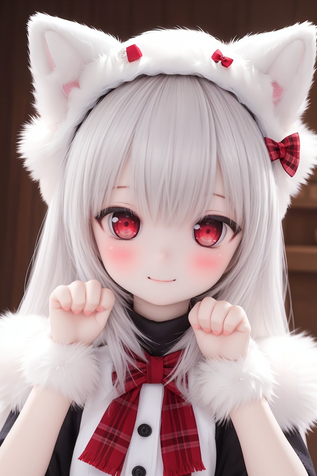 1girl, solo, looking at viewer, paw pose, red eyes, long hair, blush, blurry background, bow, smile, blurry, white hair, upper body, fur trim, hair bow, hands up, plaid, fake animal ears, closed mouth, doll, BJD, dtghdg254793, stfhgd796we2, adsderl931sq, cute