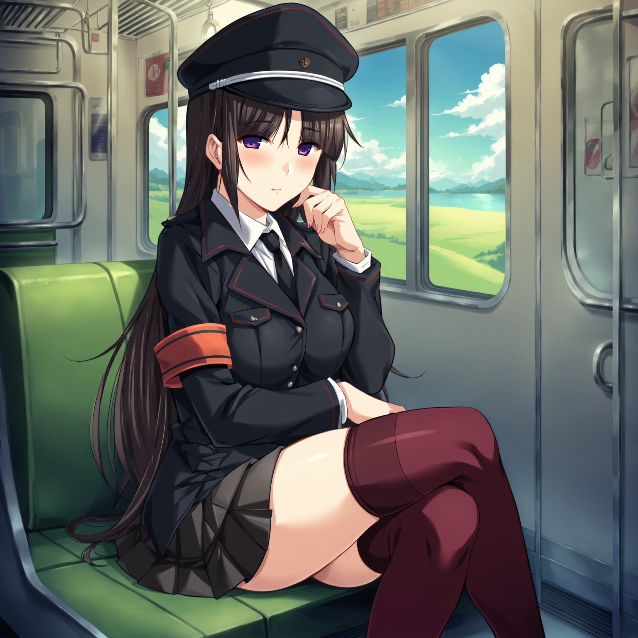 score_9, score_8_up, score_7_up, score_6_up, score_5_up, score_4_up, game cgBREAKrin_olis, 1girl, solo, black hair, long hair, purple eyes, peaked cap, black coat, armband, pleated skirt, red thighhighs, looking at viewer, blush, sittingBREAKtrain interior, window, scenery, day, blue sky<lora:rin_7_ep5_dropout0:1>