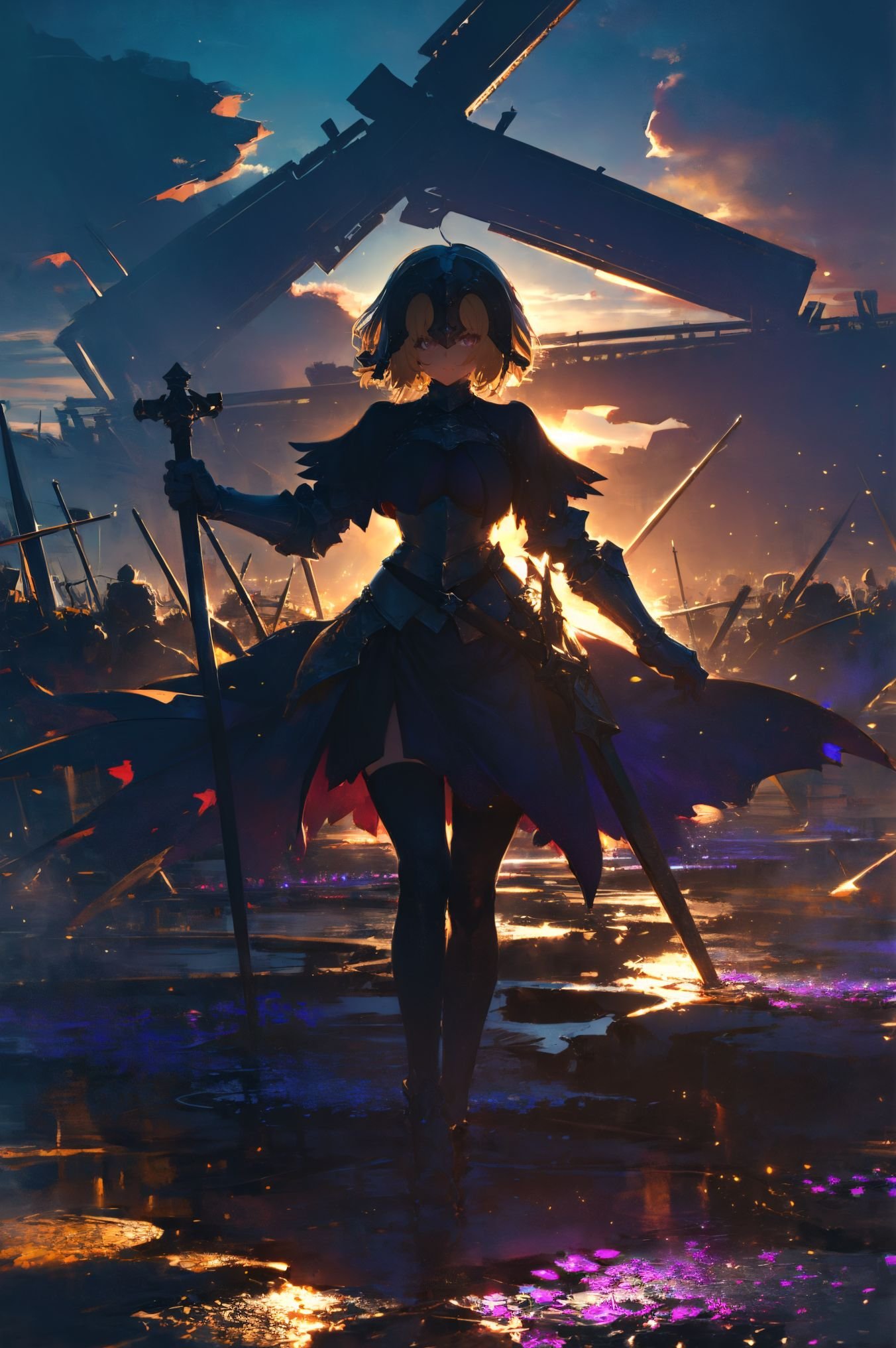 a stunning art,abstract,flowery,predominantly white,dynamic pose,centered,key visual,intricate,highly detailed,breathtaking beauty,precise lineart,vibrant,comprehensive,cinematic,xuer Jeanne D Arc,<lora:绪儿-黑贞德 xuer Jeanne D Arc:0.8>,