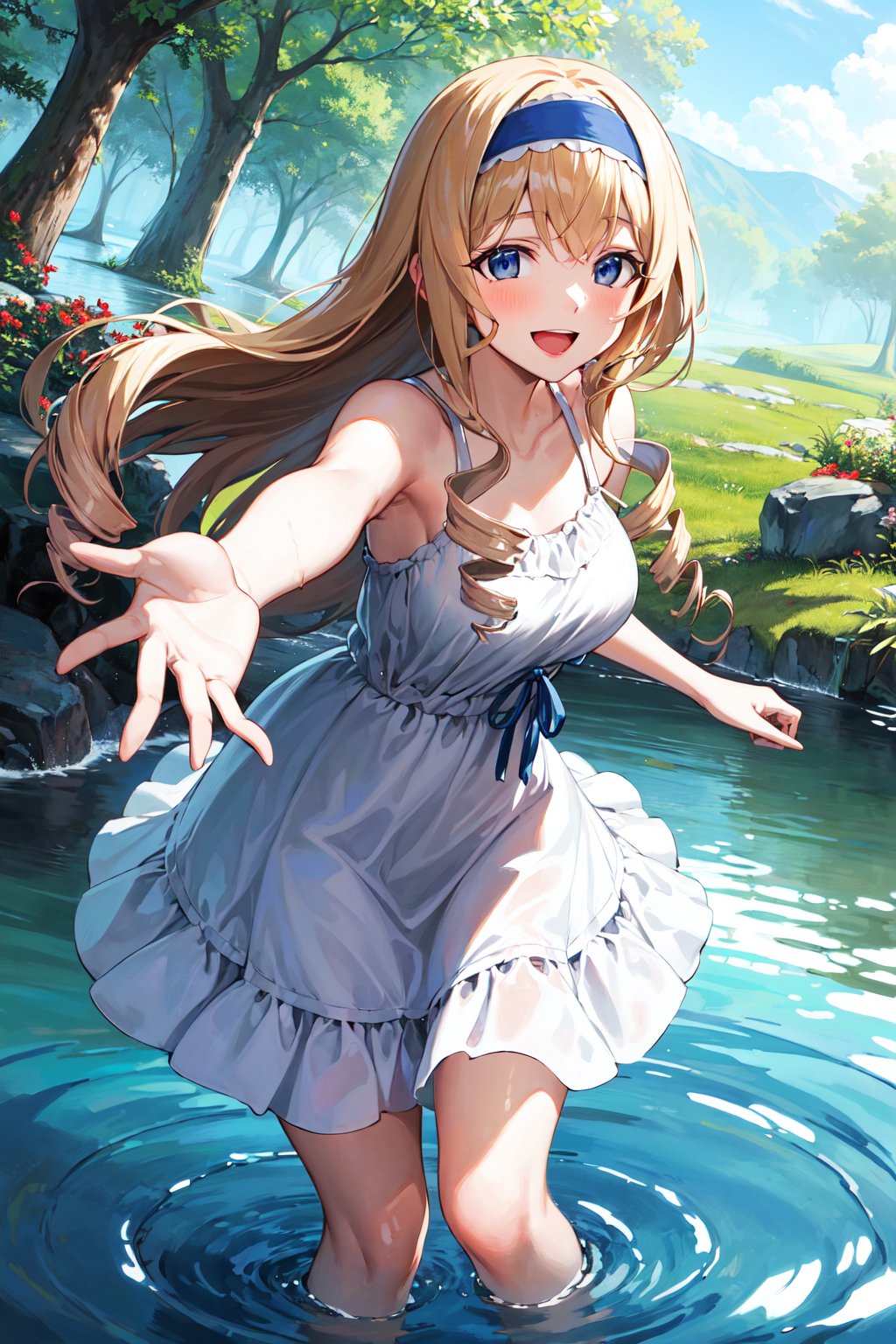 masterpiece, best quality, highres, aacecilia, long hair, curly hair, drill hair, blue hairband, <lora:cecilia_alcott_v1:0.7>, casual, dress, sundress, forest, reaching out, partially submerged, standing, water, smile, open mouth, 