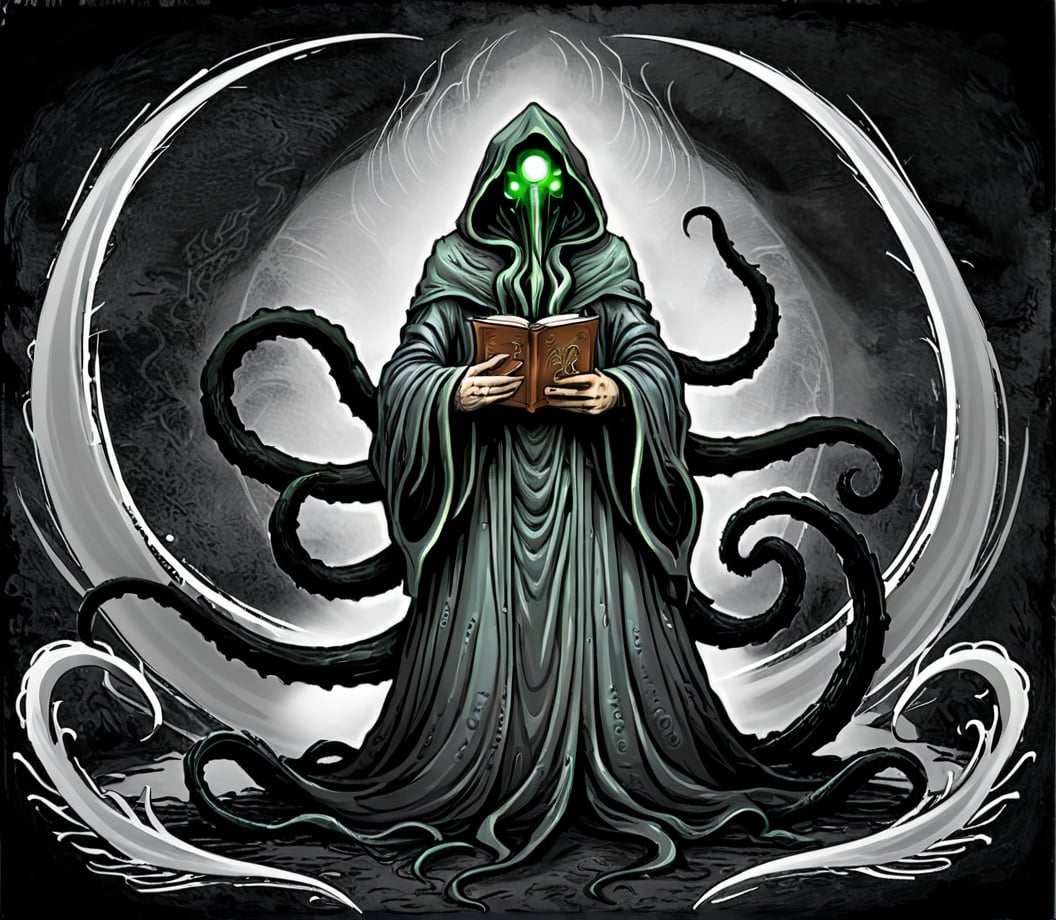 Cthulhu terror,10,000 years ago,digital art,fantasy,hooded figure,dark robes,mystical,book,tentacles,glowing eyes,ethereal,ominous,supernatural,dark background,textured brushwork,grayscale with color accents,flowing garments,mystical symbols on book,eerie,fantasy character,magic,dynamic lighting,detailed illustration.,cthulhu mythos,lovecraftian horror,<lora:kesulu-10:0.6>,