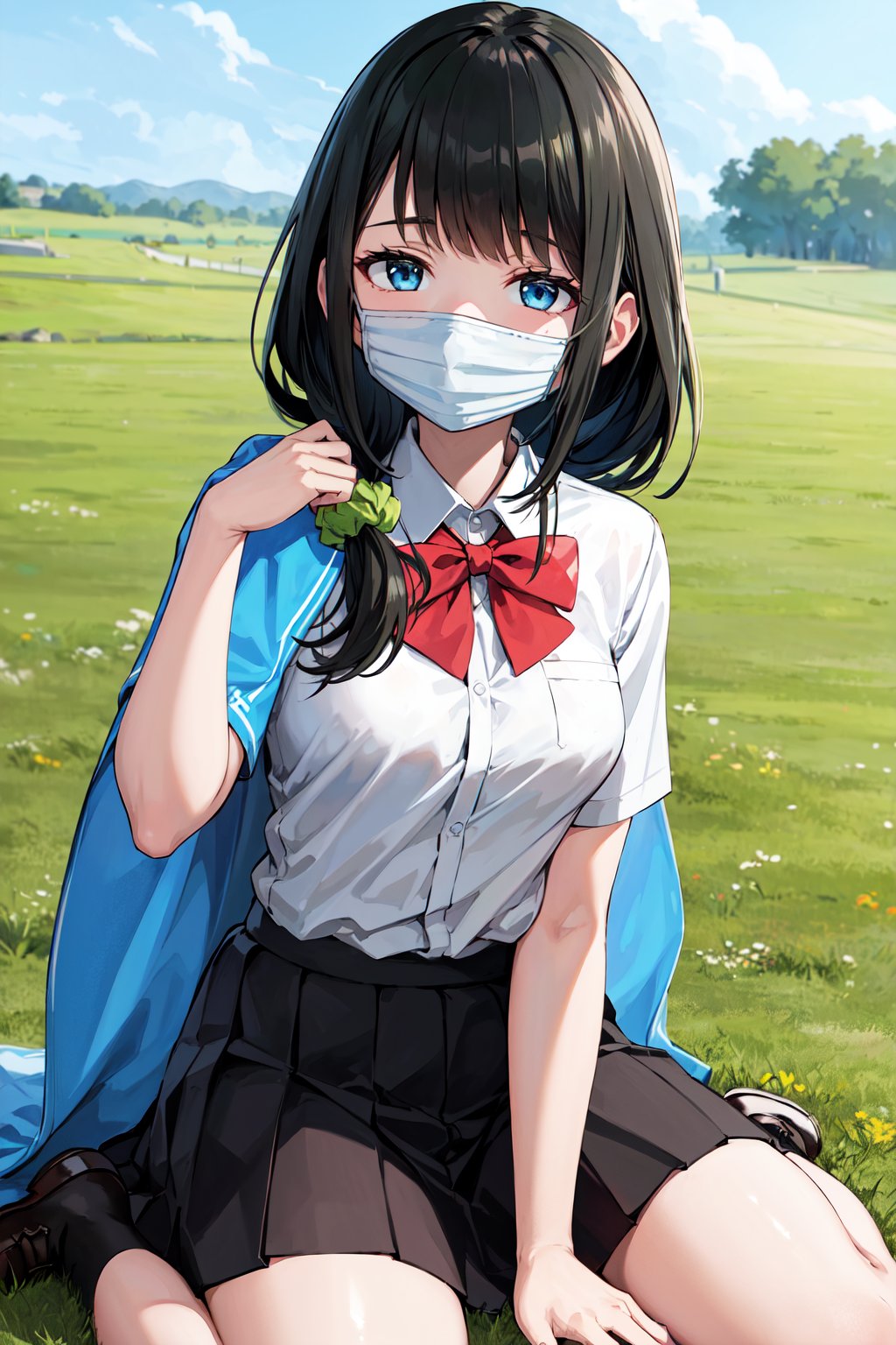 masterpiece, best quality, highres, 1girl, solo, long hair, black hair, hair scrunchie, low ponytail, blue eyes, mouth mask, school uniform, blue shawl, red bowtie, collared shirt, white shirt, short sleeves, pleated skirt, black skirt, <lora:hassu_v1:0.8>, grass, wariza,