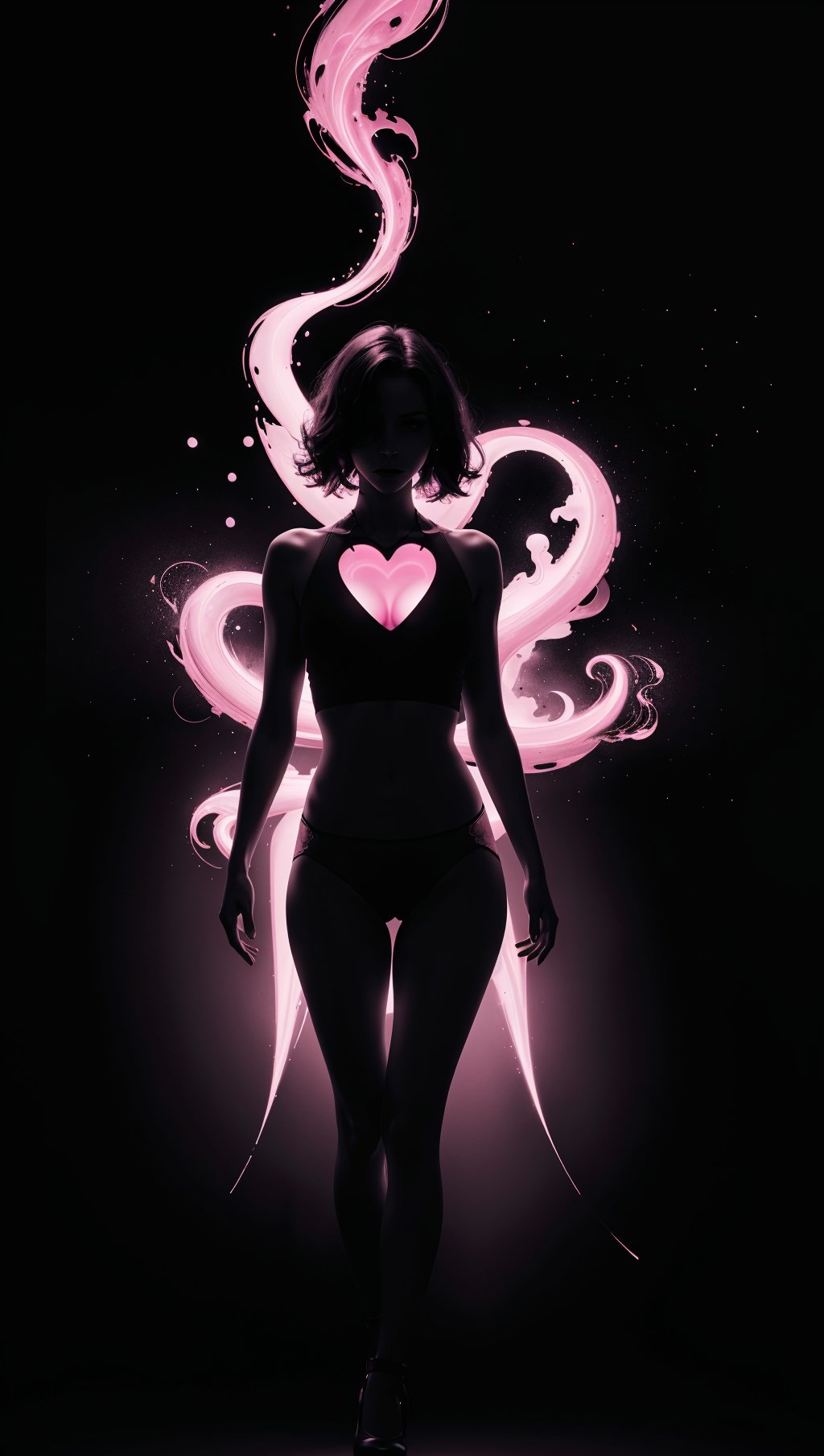 (silhouette:1.25),woman,dark background,blacklight,mid shot,full body,somber expression,looking down,dark energy,vibrant magenta,portal to another world,flat color,flat shading,ultra realistic,highres,superb,8k wallpaper,extremely detailed,intricate,limited palette,pink,