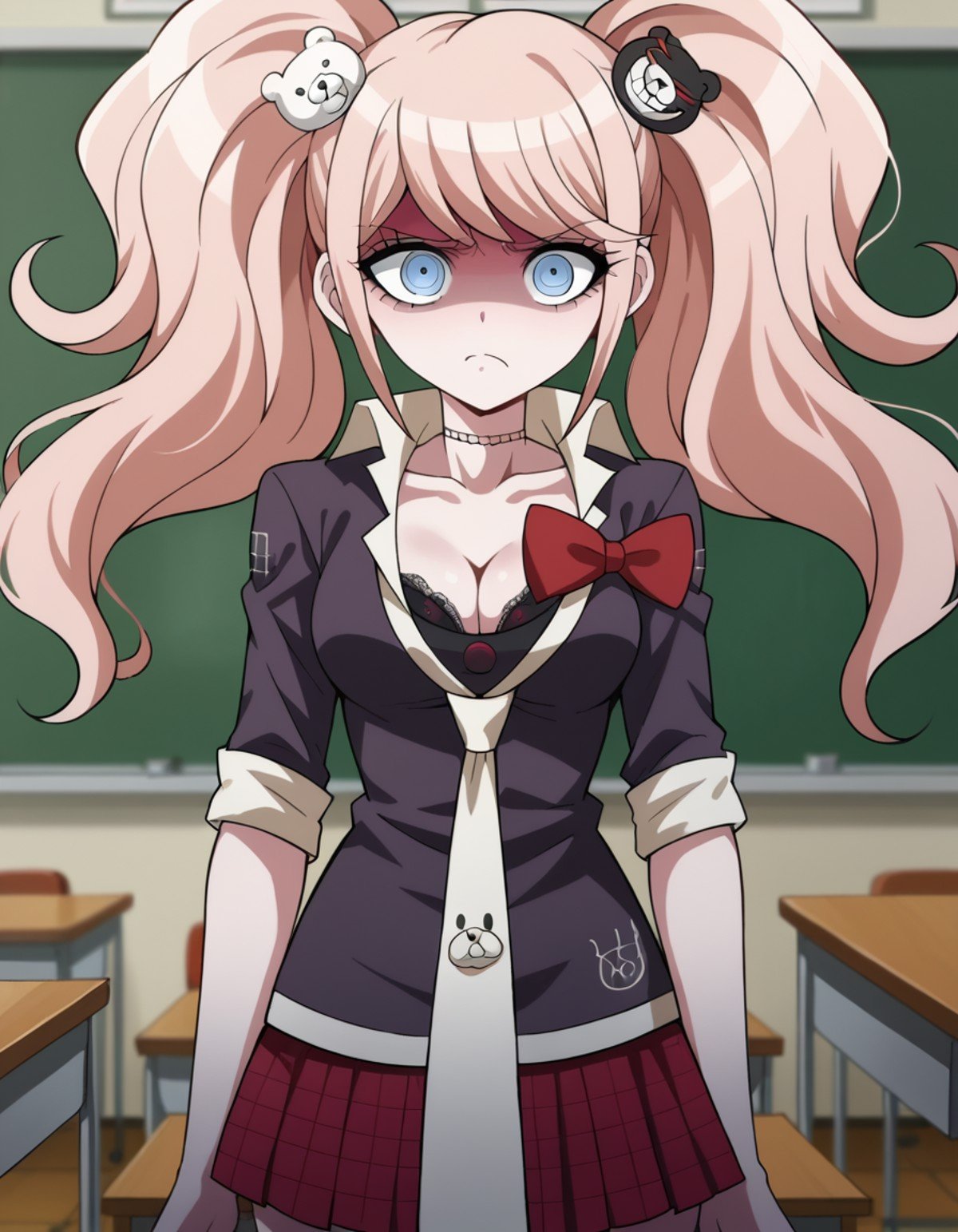 score_9, score_8_up, score_7_up, source_anime,junkoenoshima, <lora:junko-enoshima-ponyxl-lora-nochekaiser:1>,junko enoshima, long hair, bangs, blue eyes, pink hair, hair ornament, twintails, bear hair ornament, shaded face, sad, frown,skirt, shirt, bow, cleavage, underwear, collarbone, necktie, choker, bra, red bow, black bra, sleeves rolled up, red skirt,indoors, classroom,looking at viewer, cowboy shot, dynamic pose,