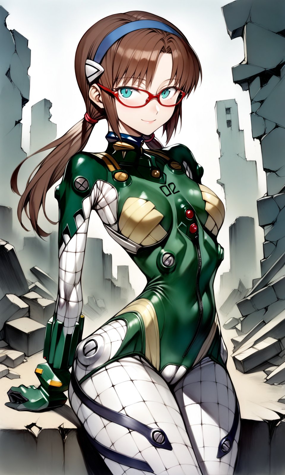 solo, 1girl, maritest, aqua eyes, hairband, brown hair, red-framed eyewear, plugsuit, bracer, quilted bodysuit, thick thighs, wide hips, looking at viewer, light smile, outdoors, ruins, masterpiece, absurdres, by nyatabe, by (mogudan:0.6), <lora:MariTestSuit_XL:1><lora:Nyatabe_XL:0.65> <lora:Fixhands_anime_bdsqlsz_V1:1> 