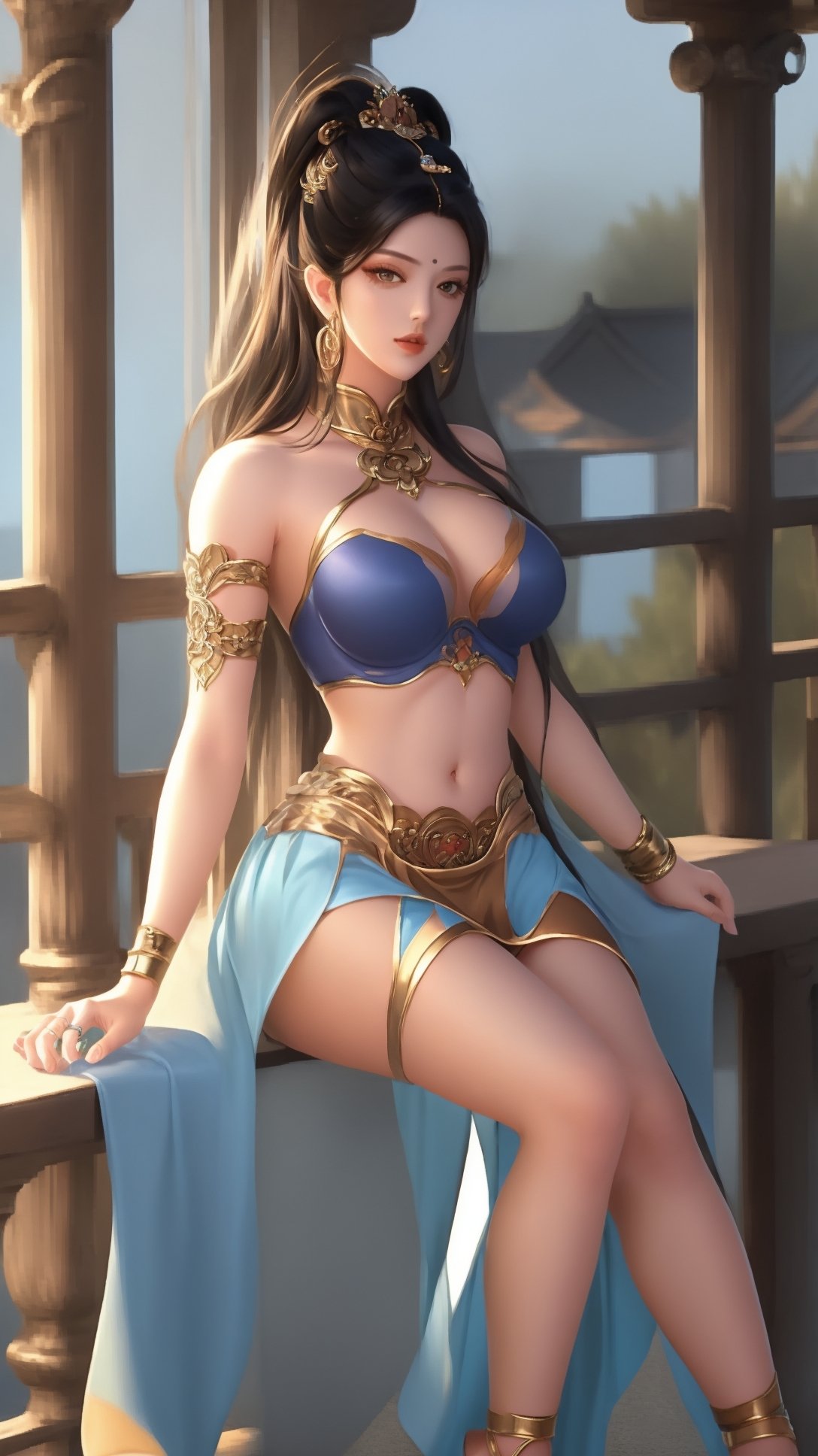 (1girl),smooth chin,masterpiece,detailed face,((hair ornament:1.2)),top quality,4k,make up,best quality,large breasts,(looking at viewer),ribbon,arms behind back,blue shawl,detached sleeves,forehead mark,legs,on street,full body,sitting on table,<lora:王者 杨玉环 遇见飞天_v1.0:0.9>,(big hair ring:1.5),hair ribbon,chinese clothes,orange skirt,midriff,anklet,armlet,